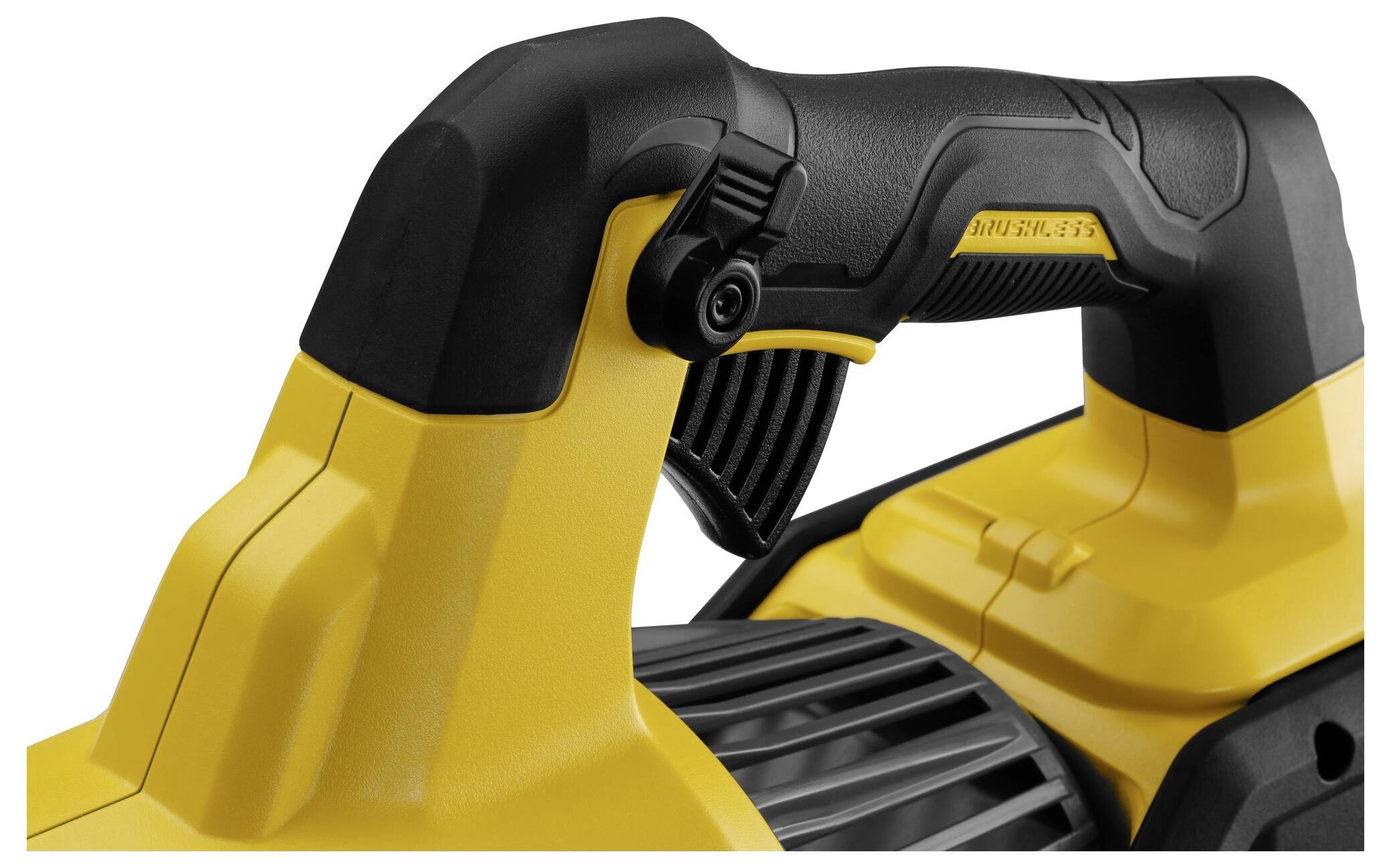 Gros plan sur une poignée d'outil électrique jaune avec un accent noir. L'accent est mis sur le design ergonomique de la poignée.