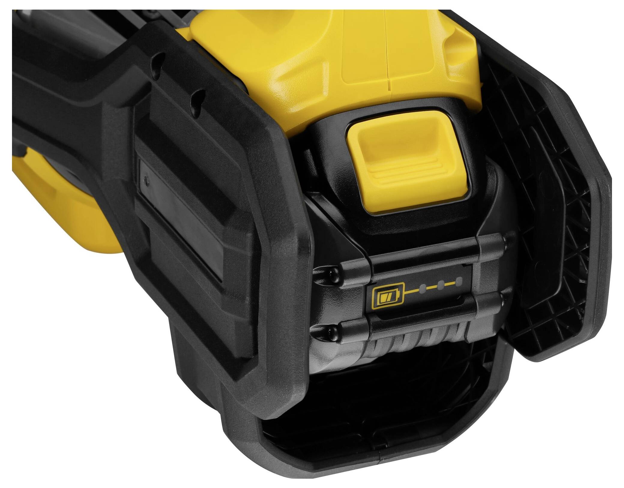 Une poignée d'outil électrique jaune et noir avec un interrupteur jaune et un petit écran LED affichant le niveau de batterie.