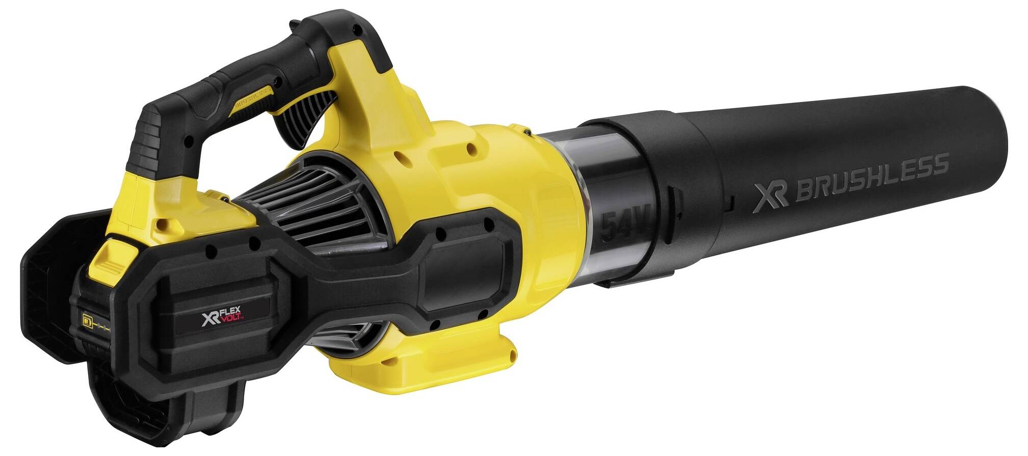 Un souffleur de feuilles à batterie jaune et noir avec une poignée ergonomique et une longue buse, adapté aux travaux de jardinage.