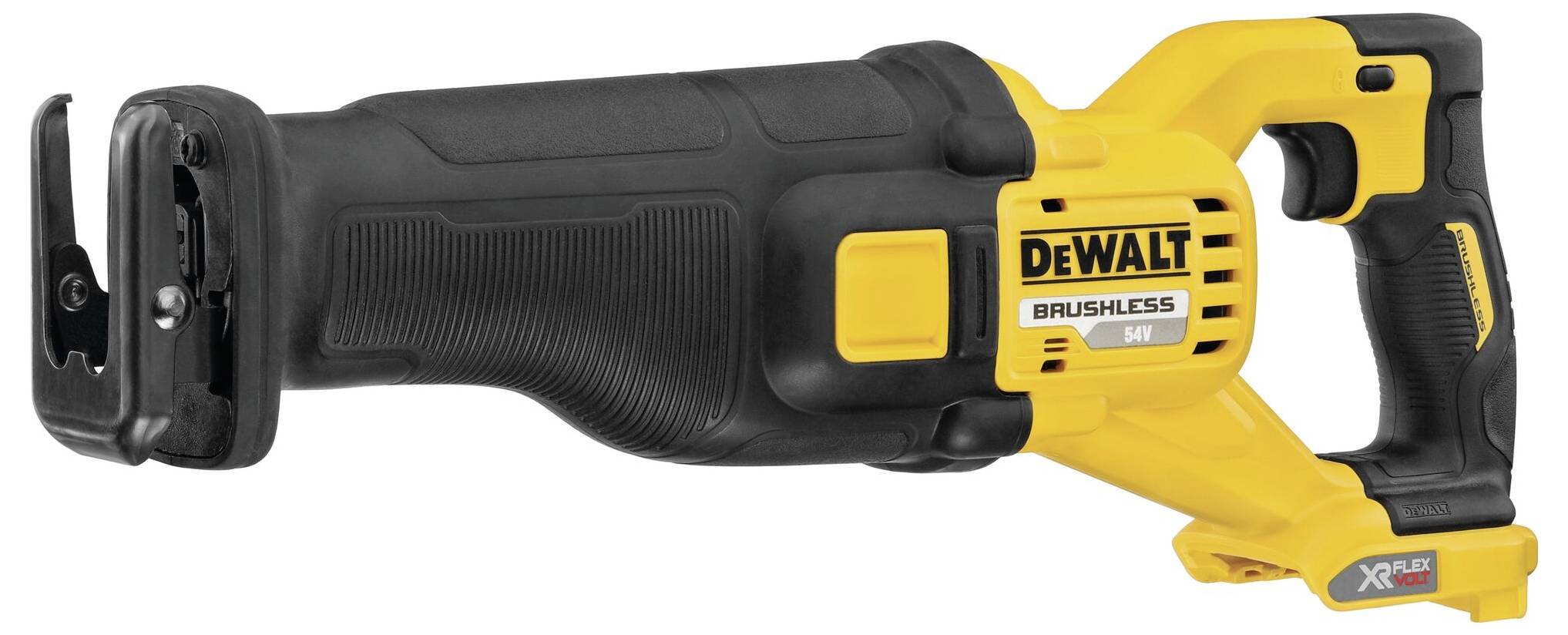 Scie sabre sans fil jaune et noir avec logo DeWalt ; design ergonomique, adaptée aux travaux de coupe intensifs.