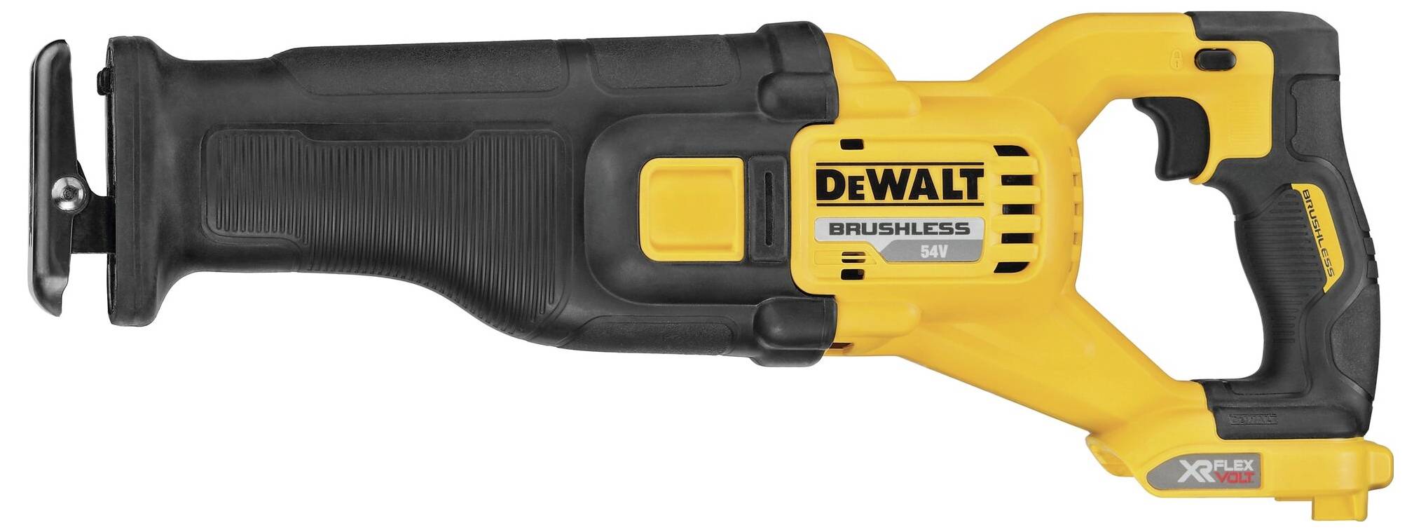 Une scie sabre jaune et noire DeWalt, modèle Brushless 54V, idéale pour les travaux de construction et de bricolage.