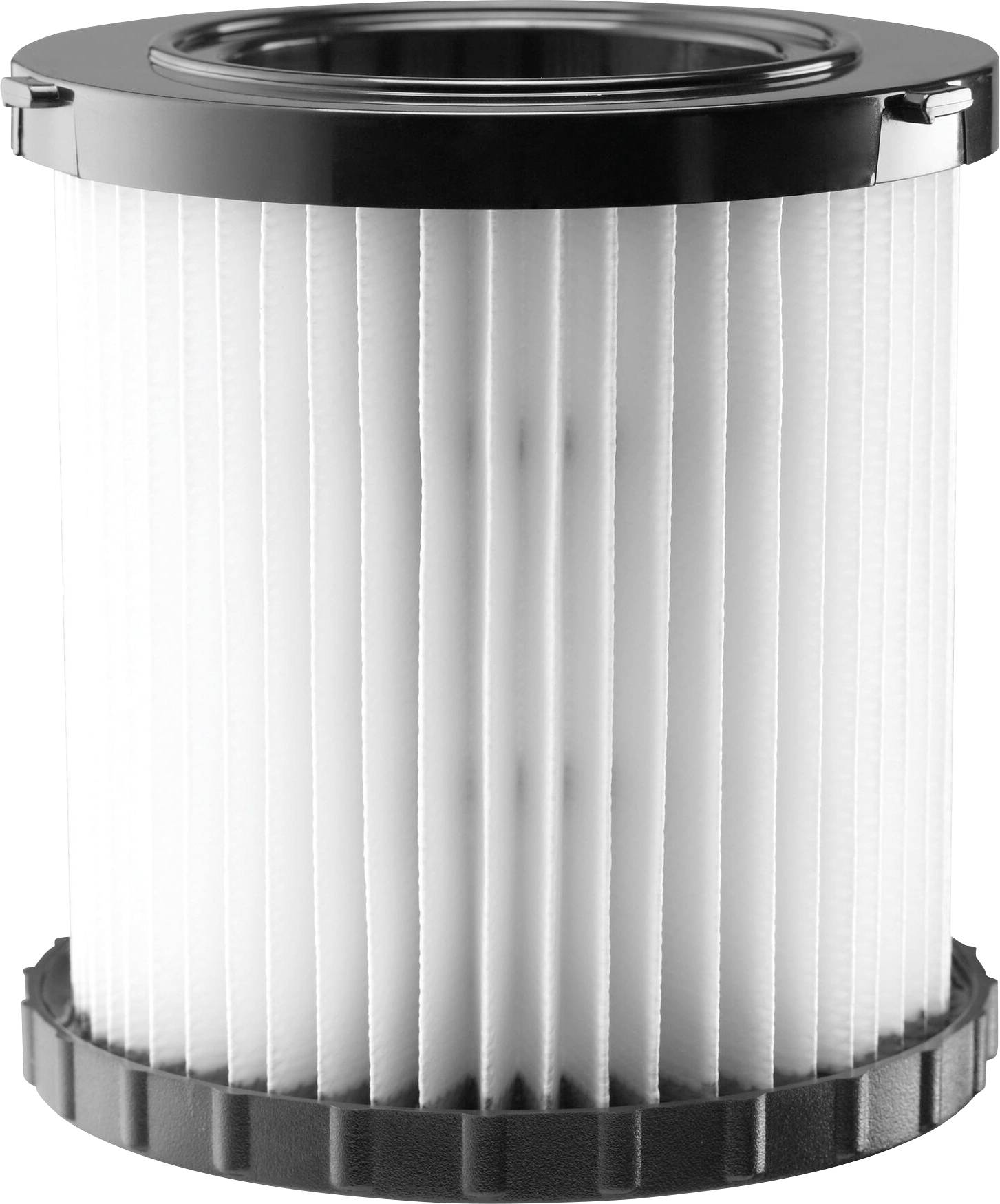 Filtre à air cylindrique avec plis blancs et extrémités en plastique noir. Idéal pour aspirateurs et purificateurs d'air.