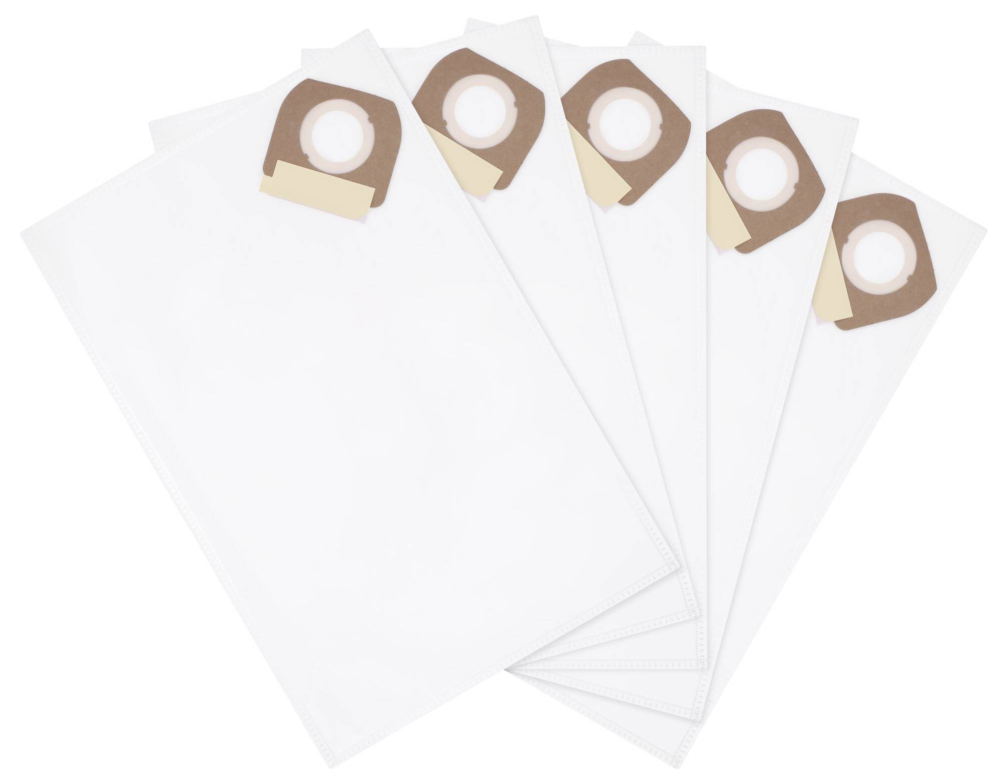 Cinq sacs d'aspirateur blancs avec un col brun, disposés en éventail, sur un fond blanc.