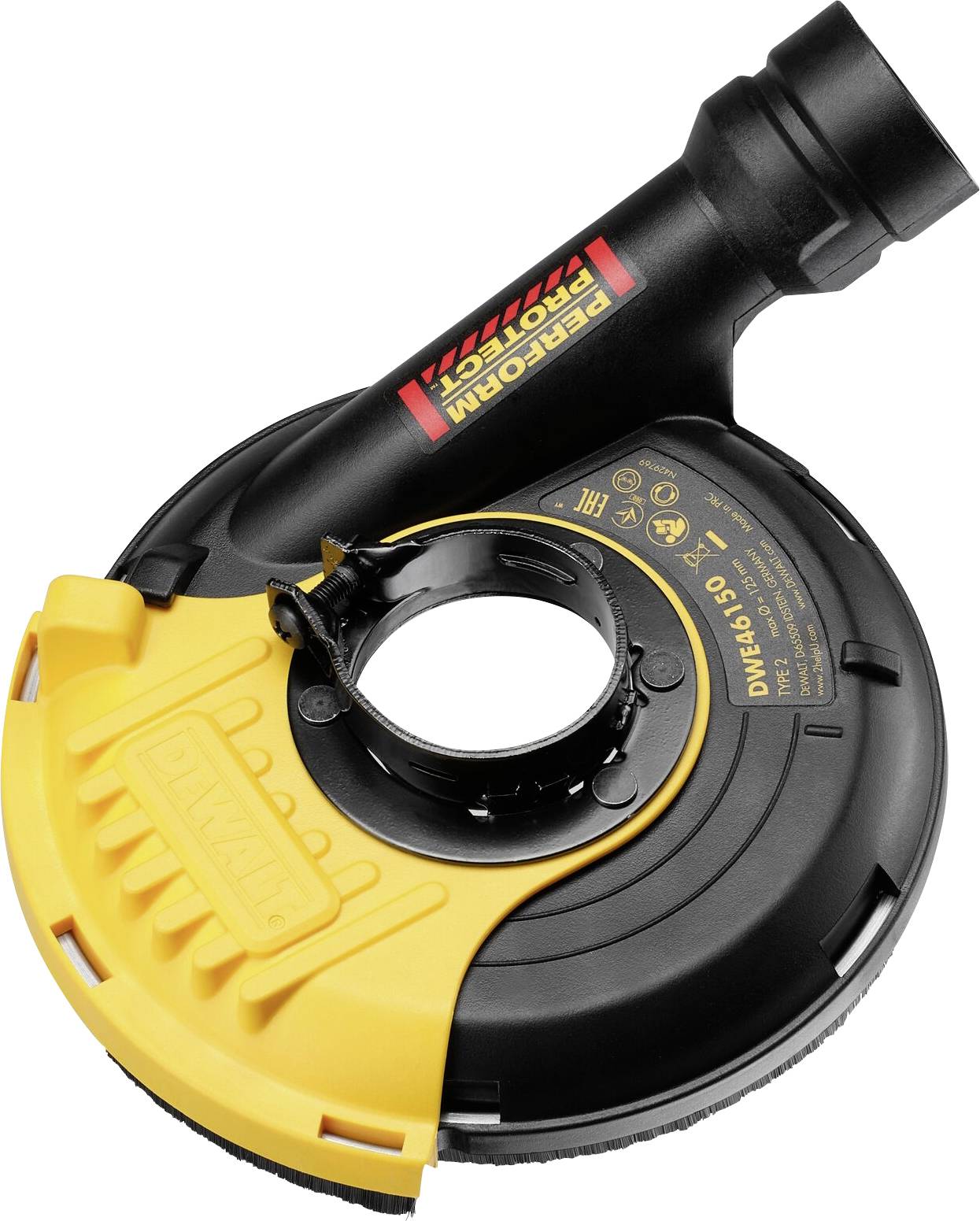 Capot de protection noir et jaune pour une meuleuse d'angle. Il porte le logo et la désignation du modèle du fabricant.