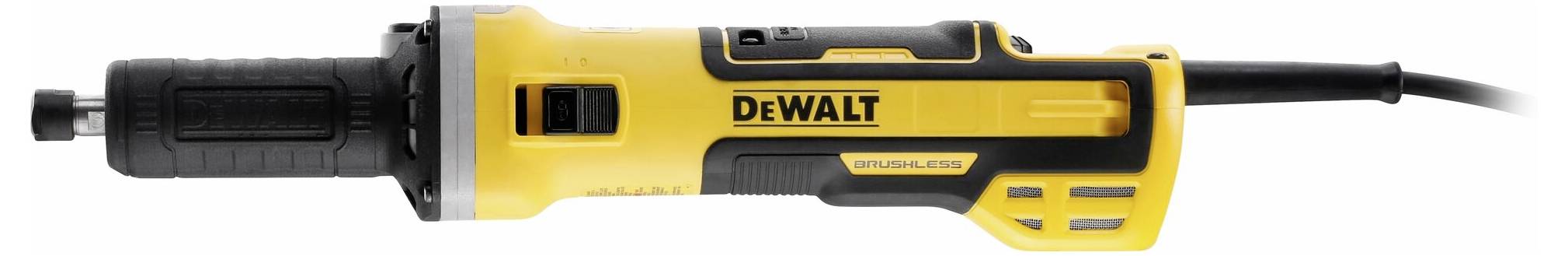 Outil électrique DeWalt jaune, probablement une meuleuse d'angle, avec une poignée noire et un câble, photographié de côté.