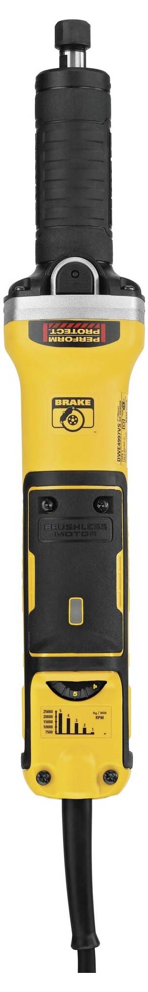Meuleuse d'angle électrique de couleur jaune avec une poignée noire. Éléments de commande et spécifications de performance visibles sur la face avant.