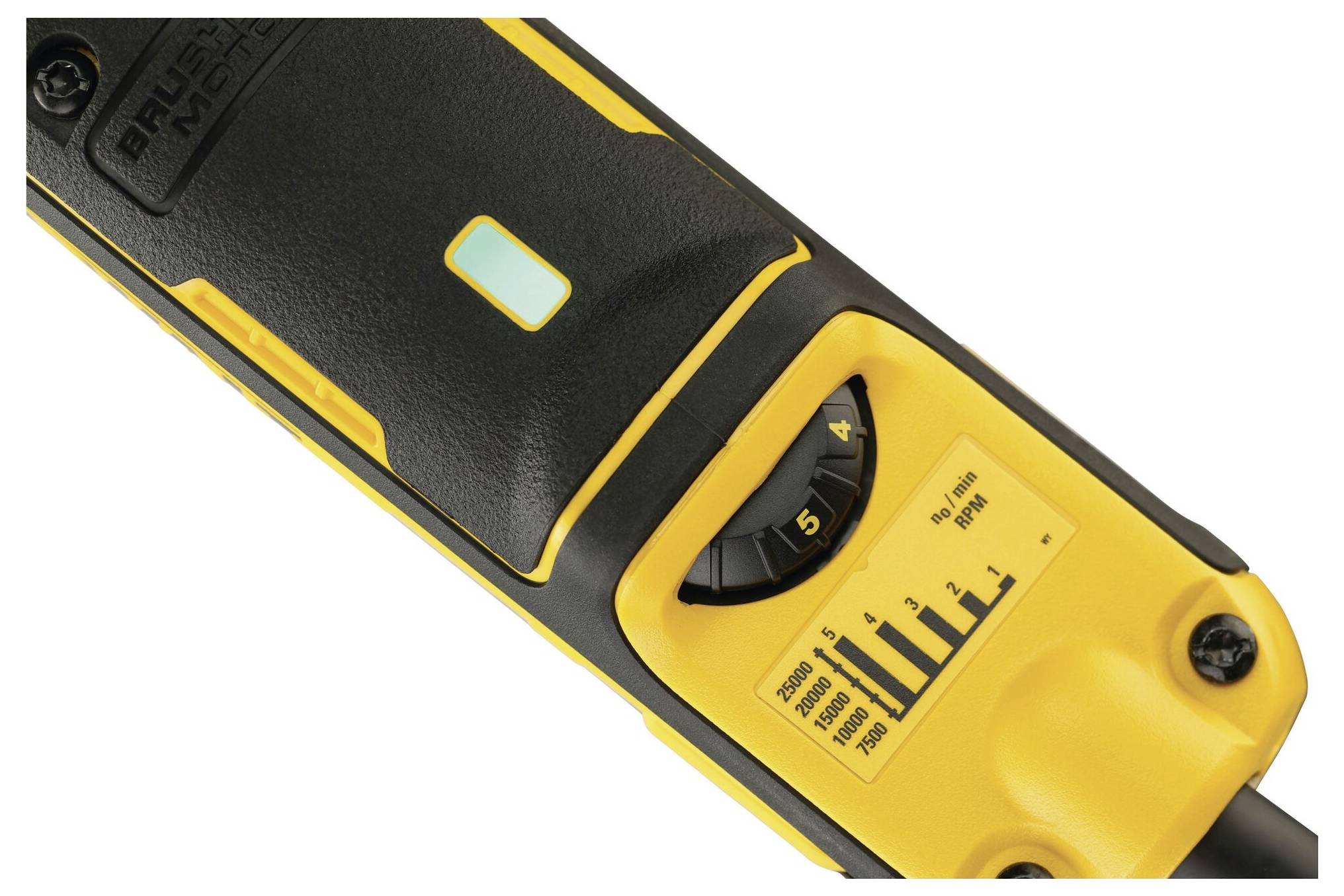 Gros plan d'un outil électrique avec un boîtier jaune et noir, doté d'un bouton rotatif et d'un indicateur de vitesse allant de 1 à 6.