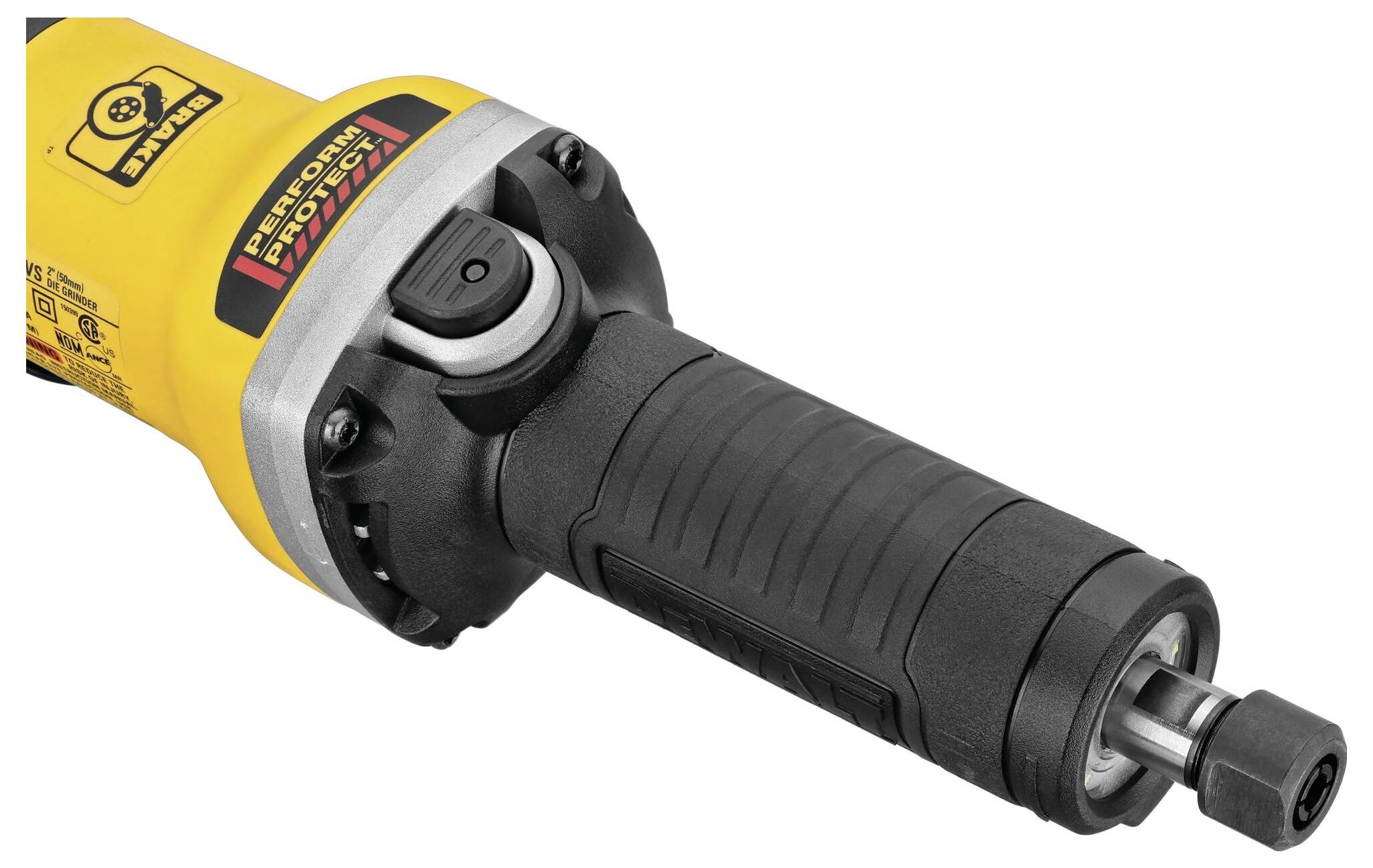Outil électrique jaune avec poignée noire et insert métallique, adapté pour les travaux de ponçage. Logo de la marque sur le dessus.