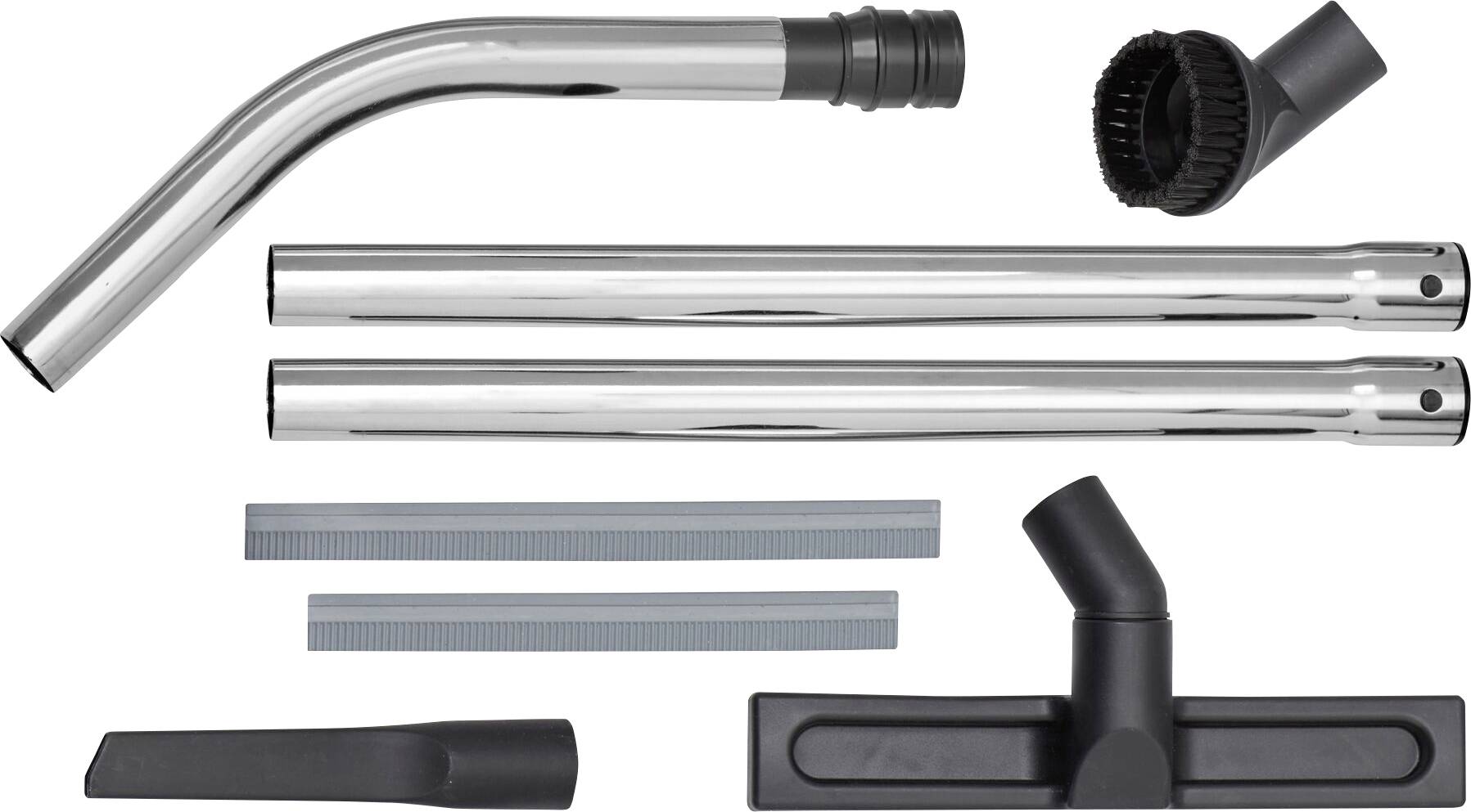Un ensemble d'accessoires d'aspirateur, composé de deux tubes métalliques, d'une buse coudée, d'une tête de brosse, d'une buse pour fentes, d'une brosse pour sols et de deux joints plats.