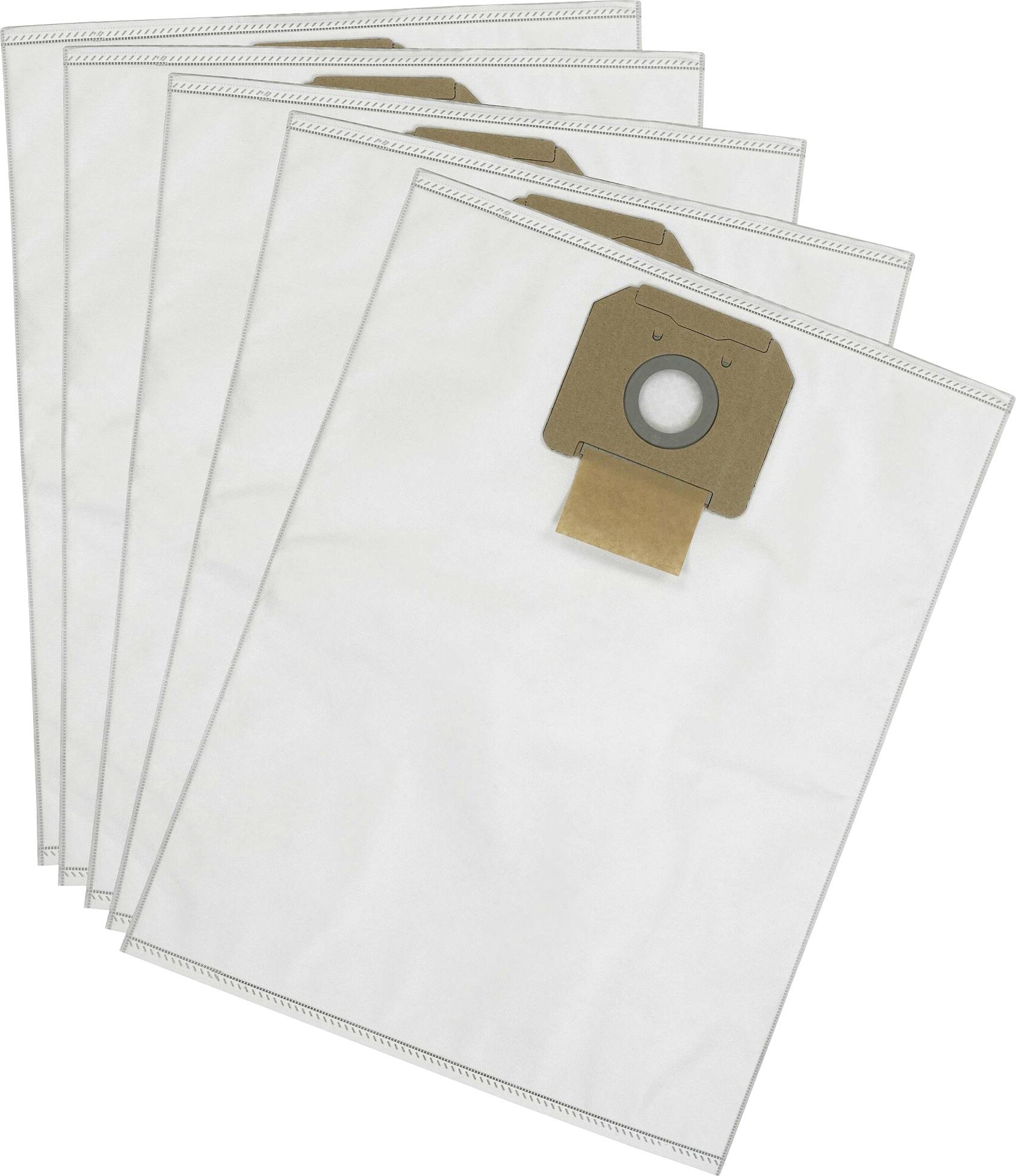 Cinq sacs d'aspirateur blancs en tissu avec support en carton et sortie d'air circulaire, empilés les uns sur les autres.
