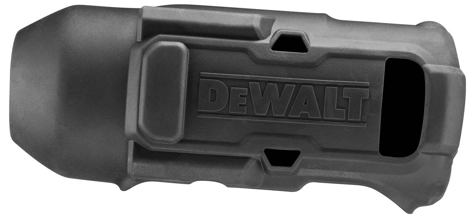 Boîtier noir DeWalt pour outils électroportatifs, design robuste avec des évidements pour la ventilation et l'accès.
