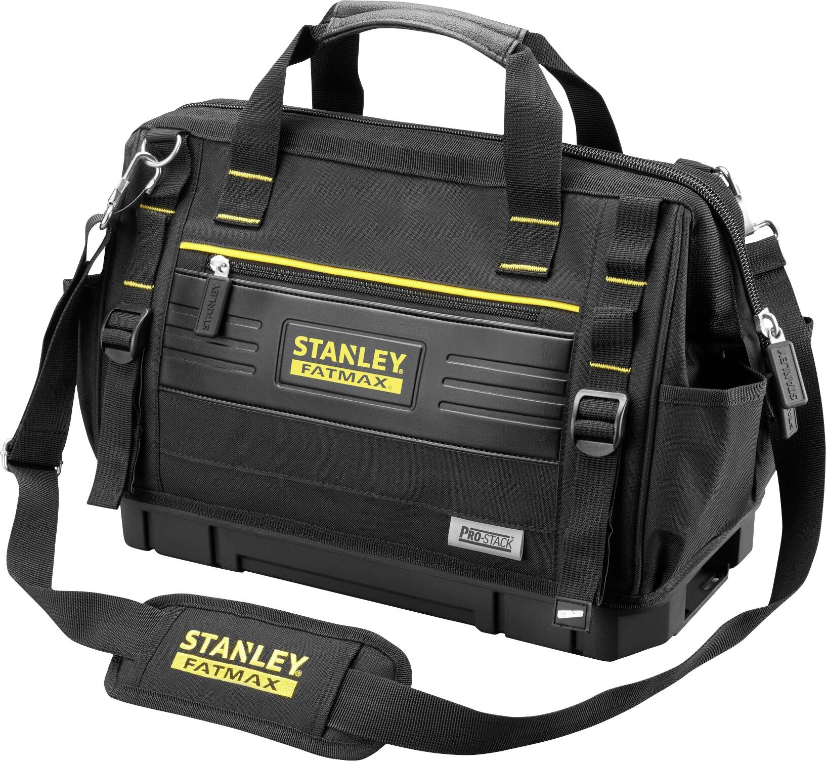 Sac à outils noir avec des touches jaunes et le logo 'Stanley Fatmax', design robuste, sangle d'épaule réglable, fermetures à glissière.