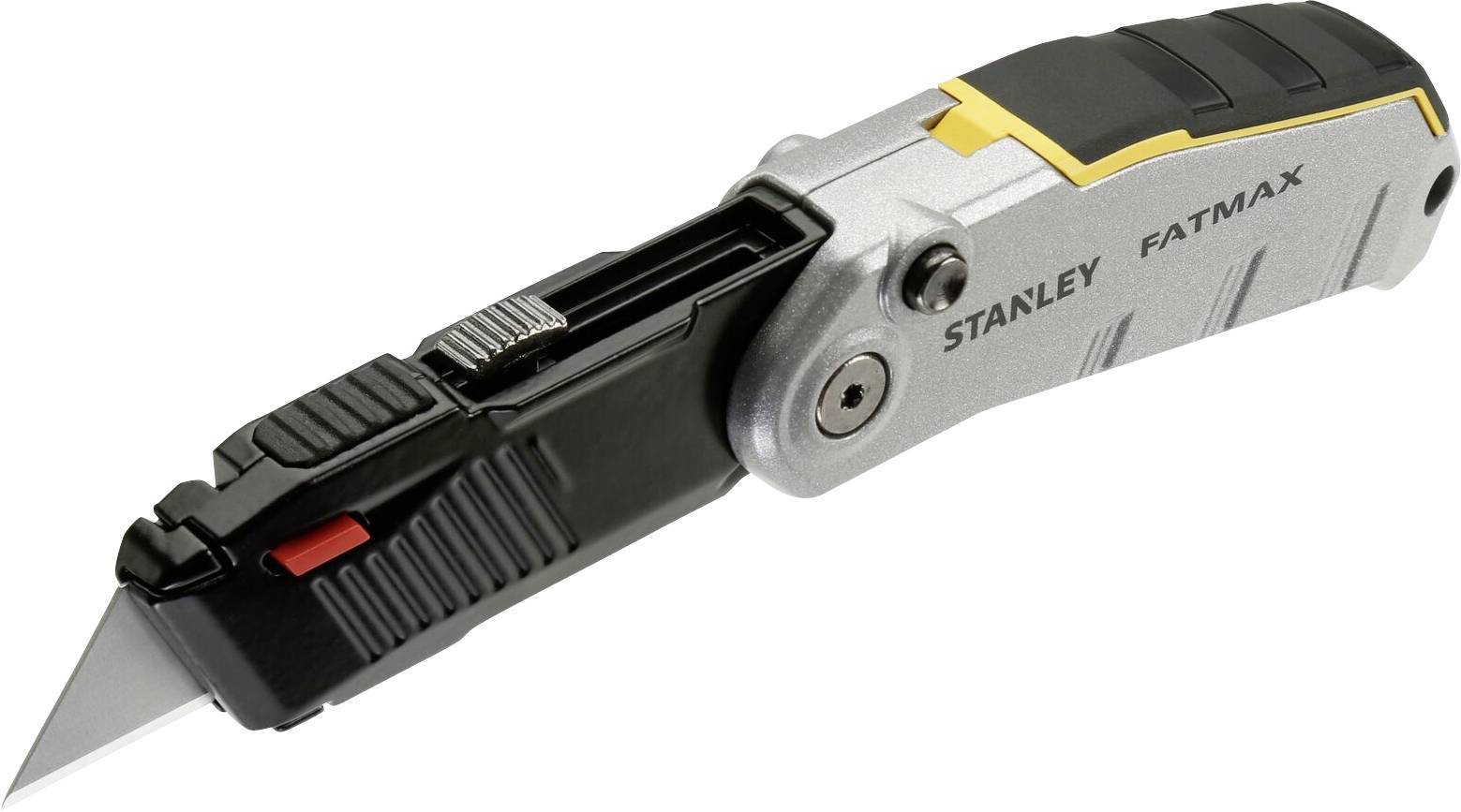 Un couteau universel Stanley FatMax argenté avec manche noir et curseur rouge.