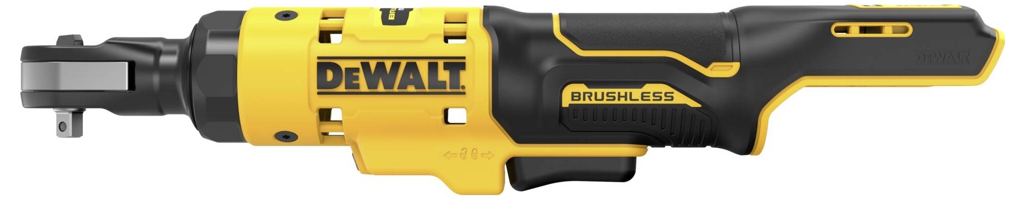 Outil Akkuratchet, noir et jaune, avec logo 'DeWalt' et inscription 'Brushless', adapté pour une utilisation professionnelle.