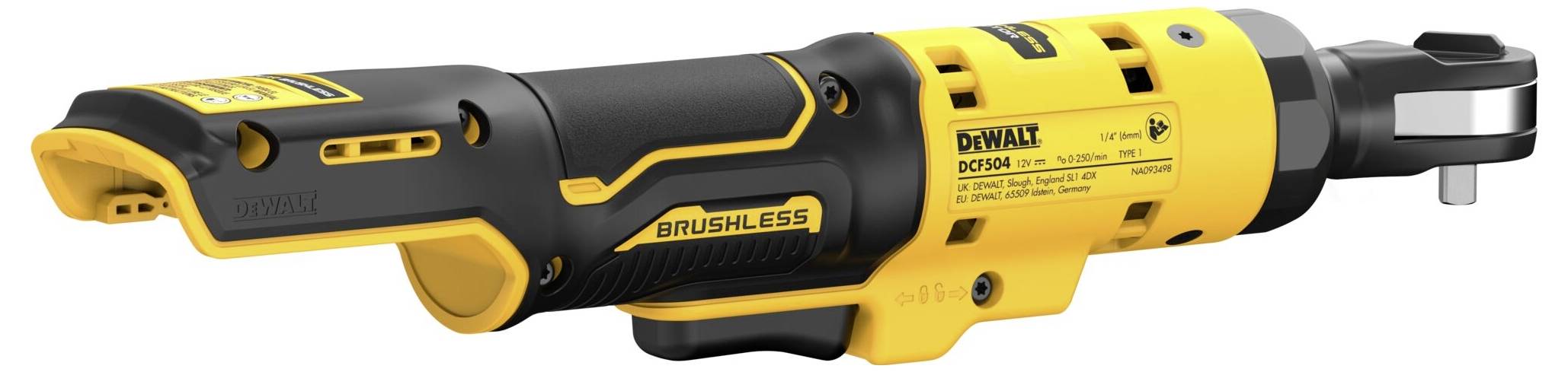 Un meuleuse d'angle jaune sans balais de DEWALT avec une poignée noire et un éclairage LED, vue de côté.