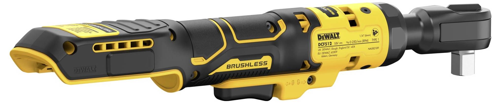 Un outil électrique avec un boîtier jaune et noir, une poignée ergonomique et une tête spécialement conçue pour un travail précis.