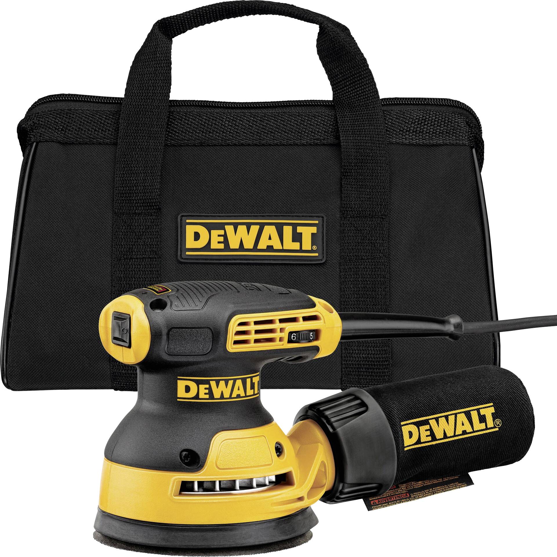 Un ponceuse excentrique DeWALT jaune et noir avec câble devant un sac de transport noir.
