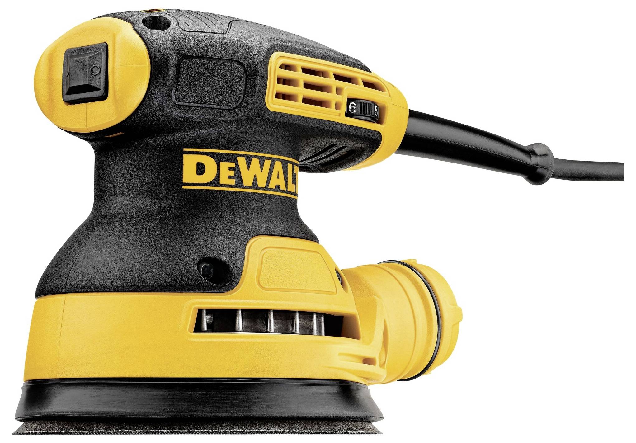 Ponceuse excentrique DeWalt jaune et noire avec câble secteur, design compact, idéale pour les travaux de ponçage sur différentes surfaces.