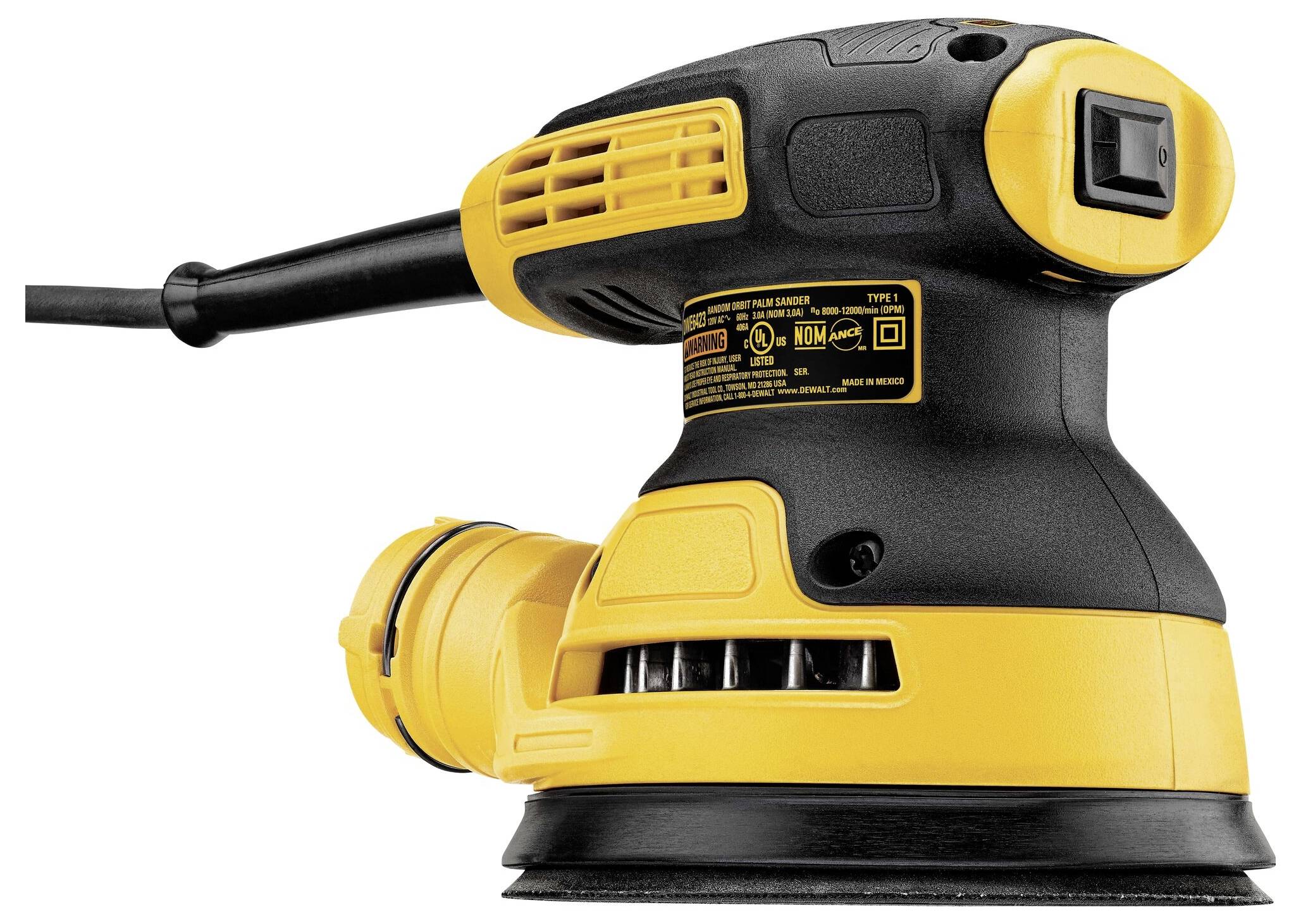 Un ponceuse électrique jaune et noire avec câble secteur, adaptée pour le travail du bois et la finition de surfaces.