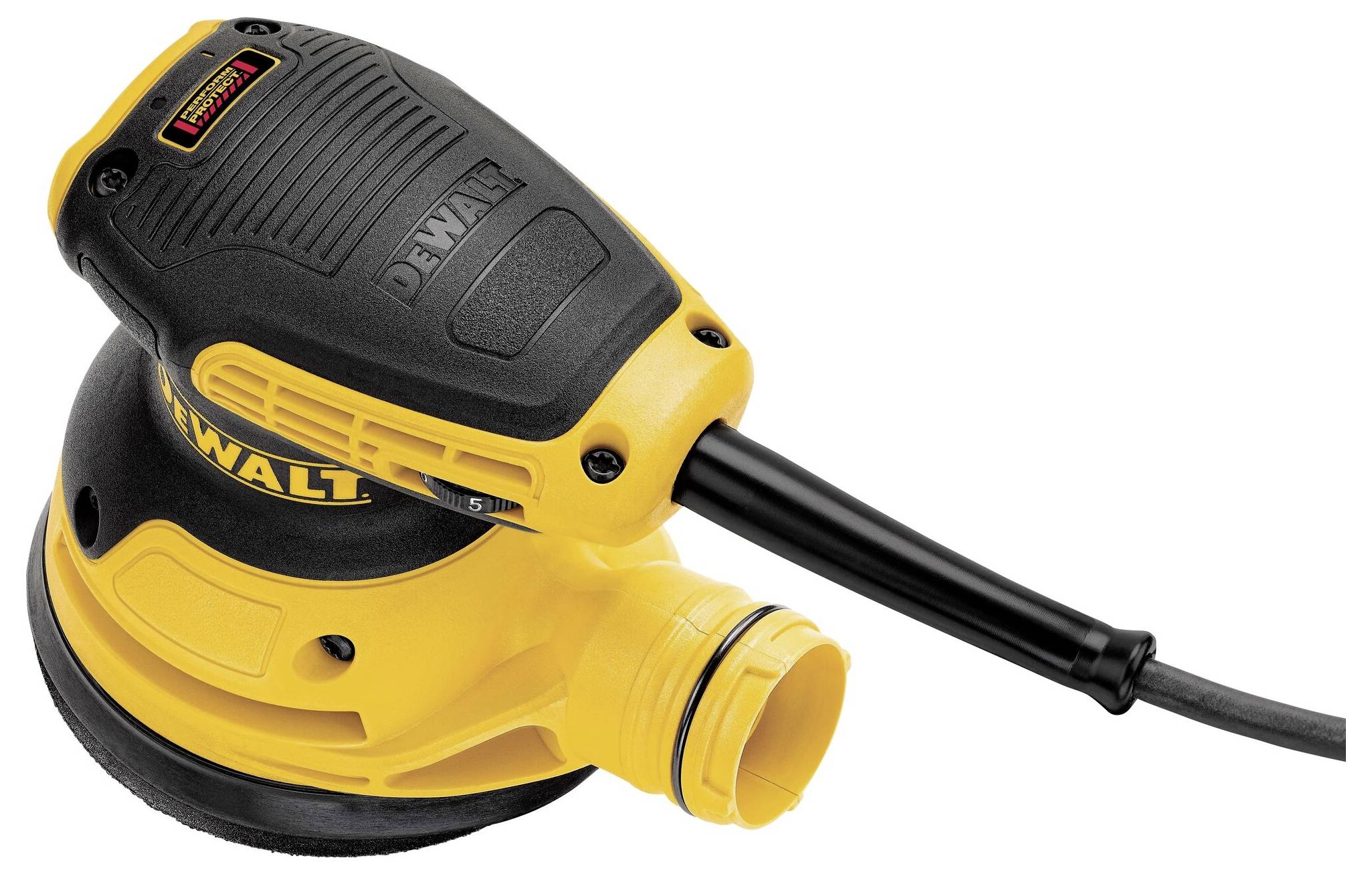 Un ponceuse excentrique électrique jaune et noir avec câble, adaptée pour le ponçage de surfaces en bois.