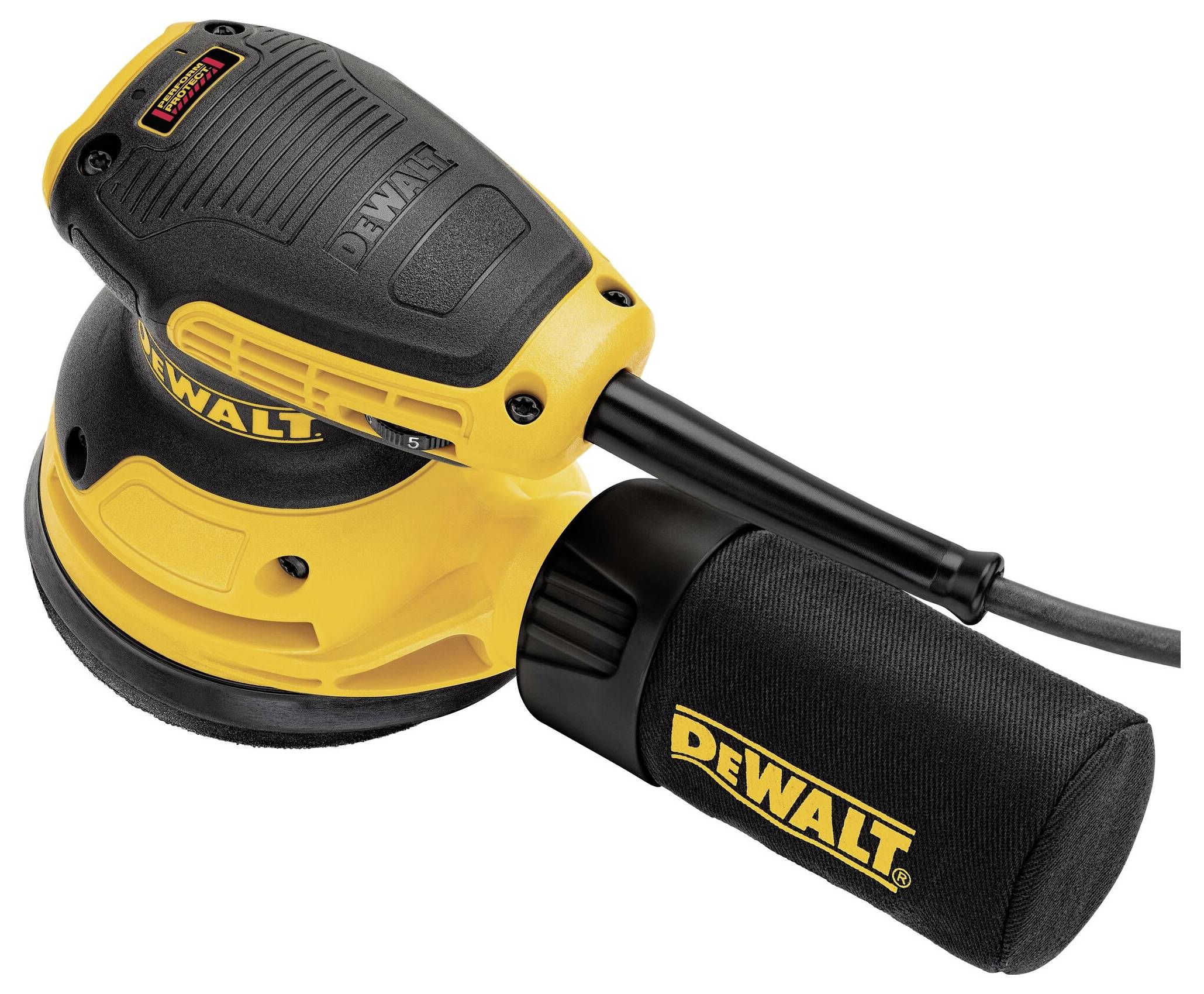 Ponceuse excentrique DEWALT en jaune et noir avec aspiration des poussières.