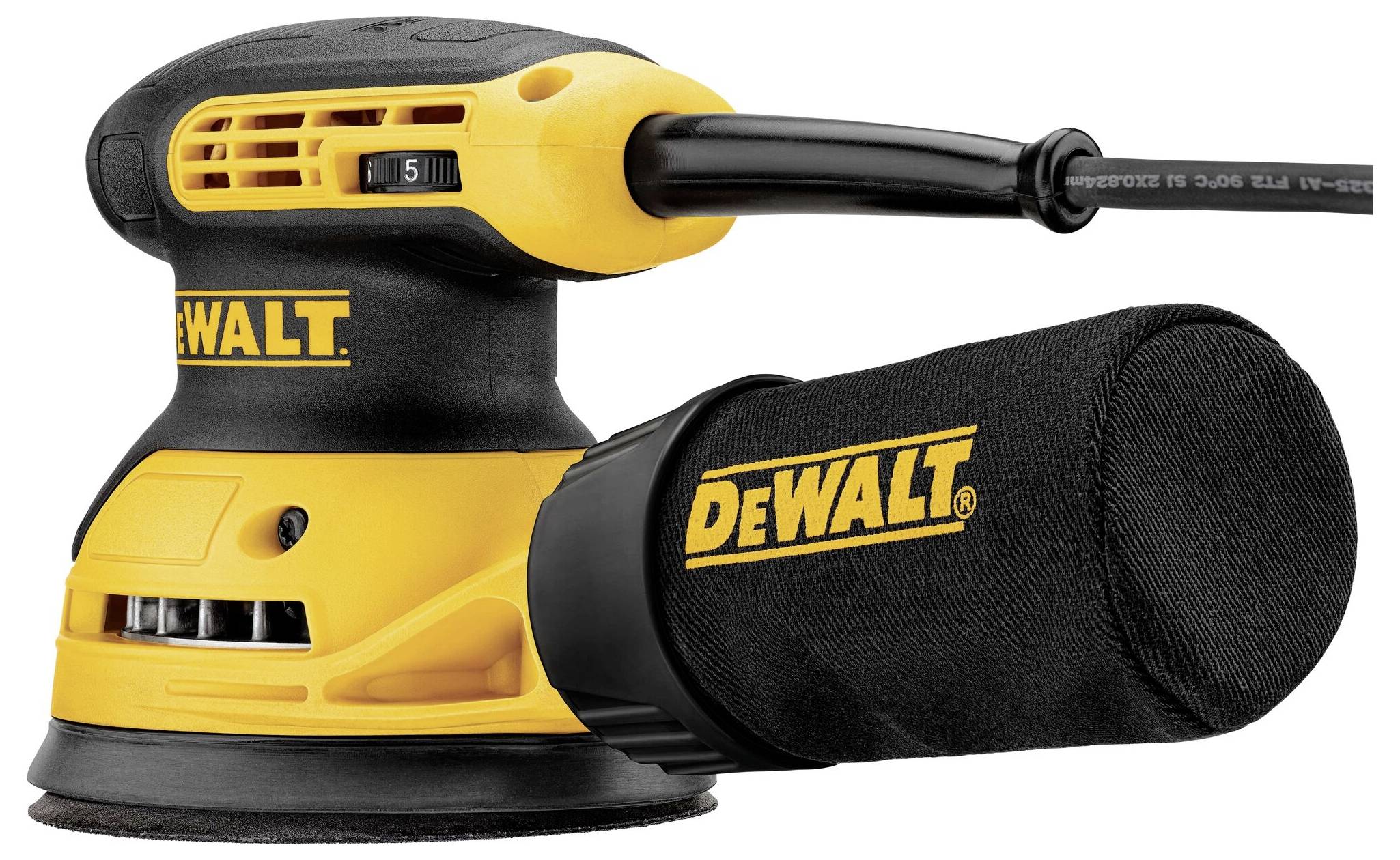 Ponceuse vibrante DeWalt jaune et noire avec système de récupération des poussières ; compacte, adaptée au ponçage précis des surfaces en bois.