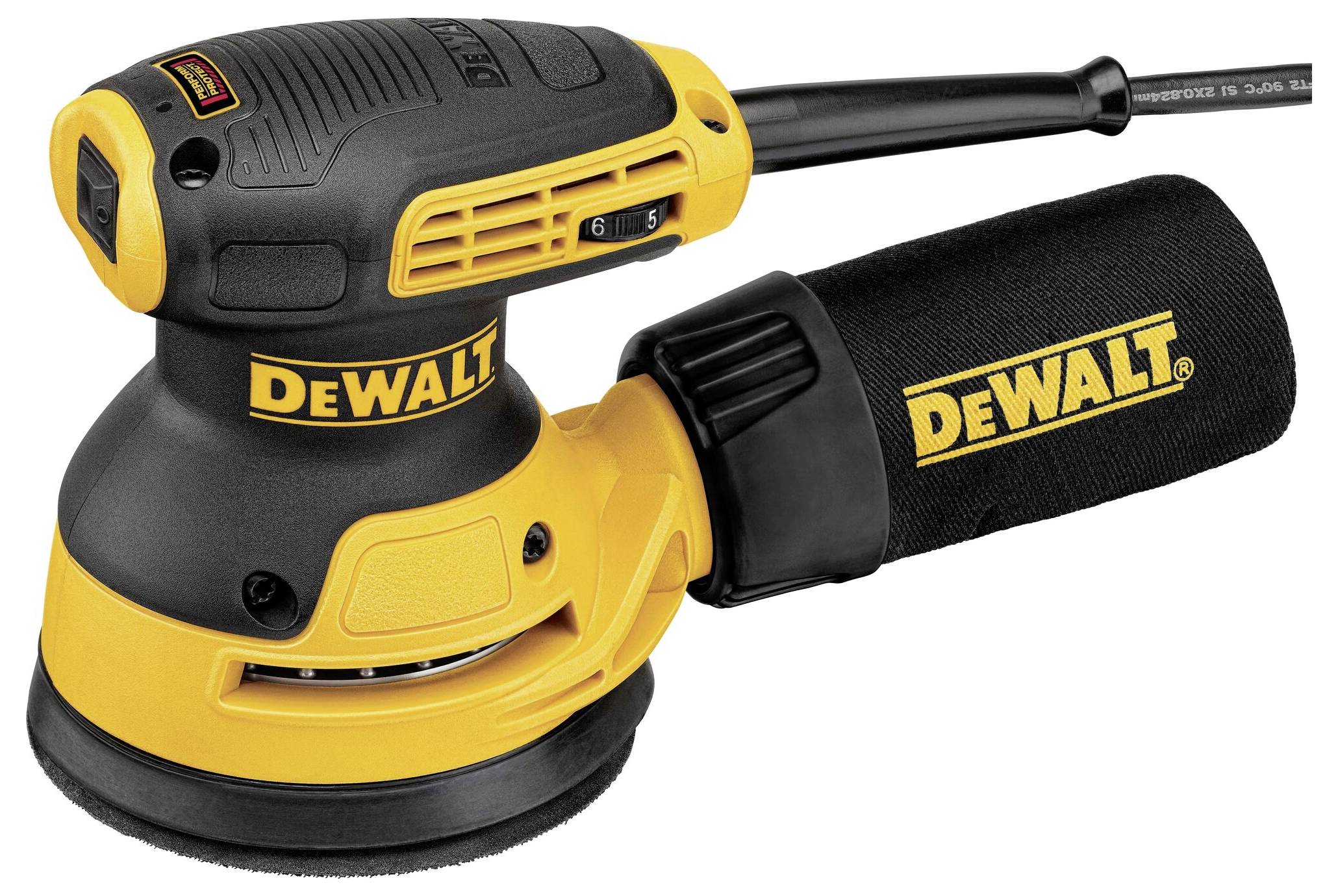 Un ponceuse vibrante électrique de la marque DEWALT avec un design jaune et noir. L'appareil est équipé d'un sac de récupération des poussières.