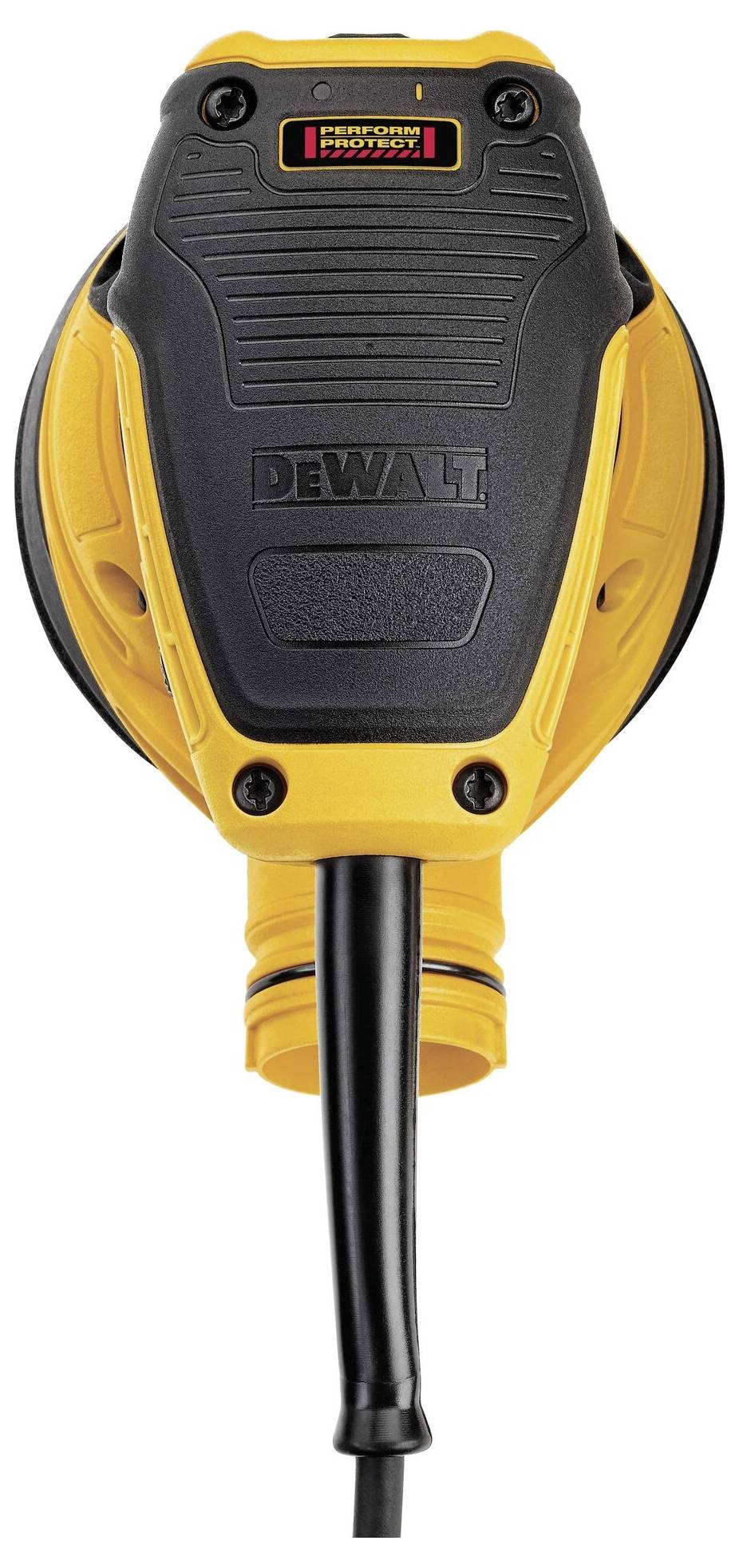 Accessoire d'outil électrique 'DEWALT' en jaune et noir avec connexion de câble, vue de dessus.