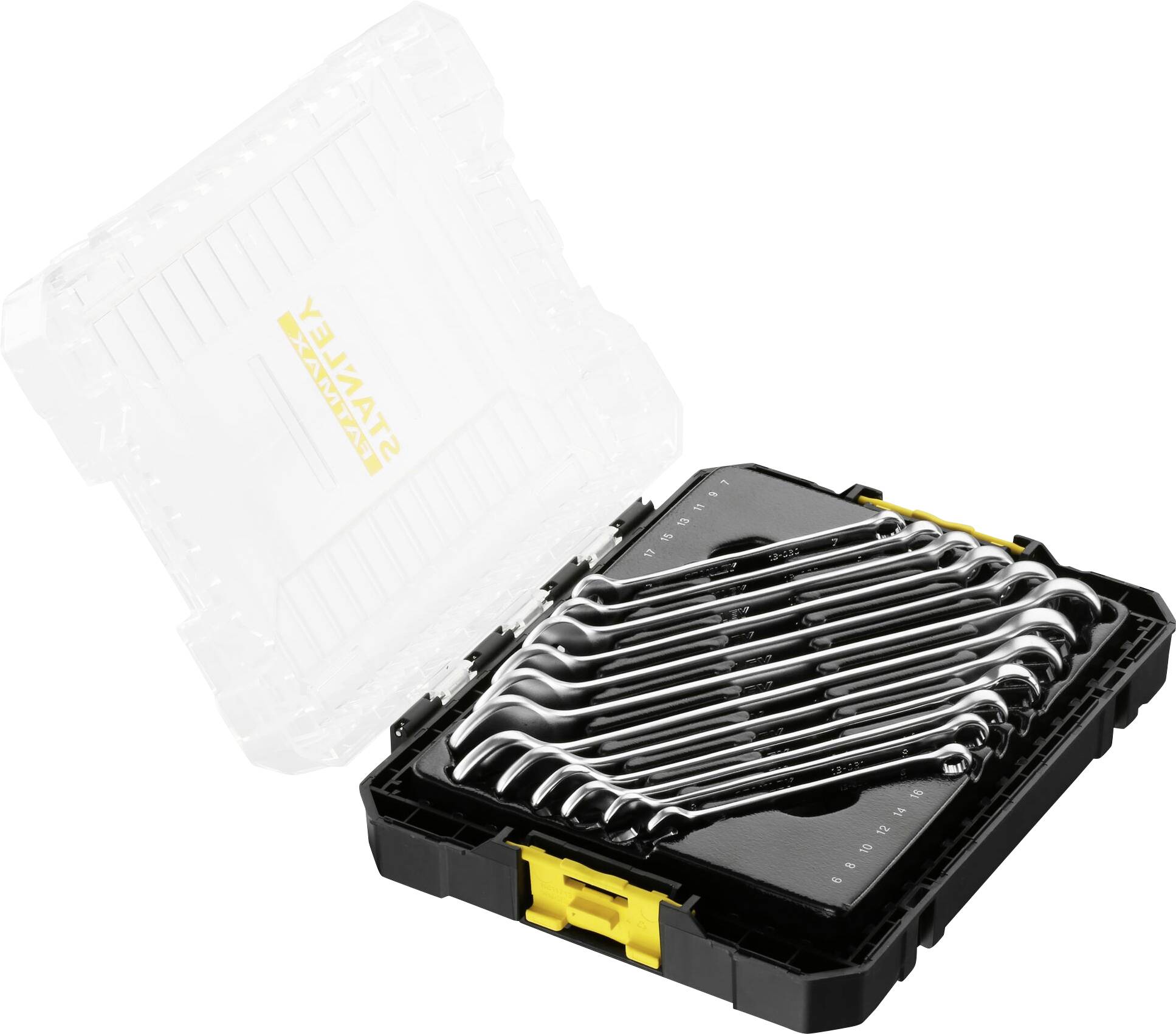 Ensemble de douze clés polygonales dans un coffret à outils noir avec fermeture jaune, couvercle transparent ouvert.