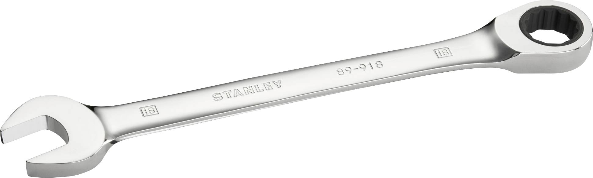 Clé à fourche en argent avec une extrémité ouverte d'un côté et une clé polygonale de l'autre. 'STANLEY 89-918' est gravé dessus.