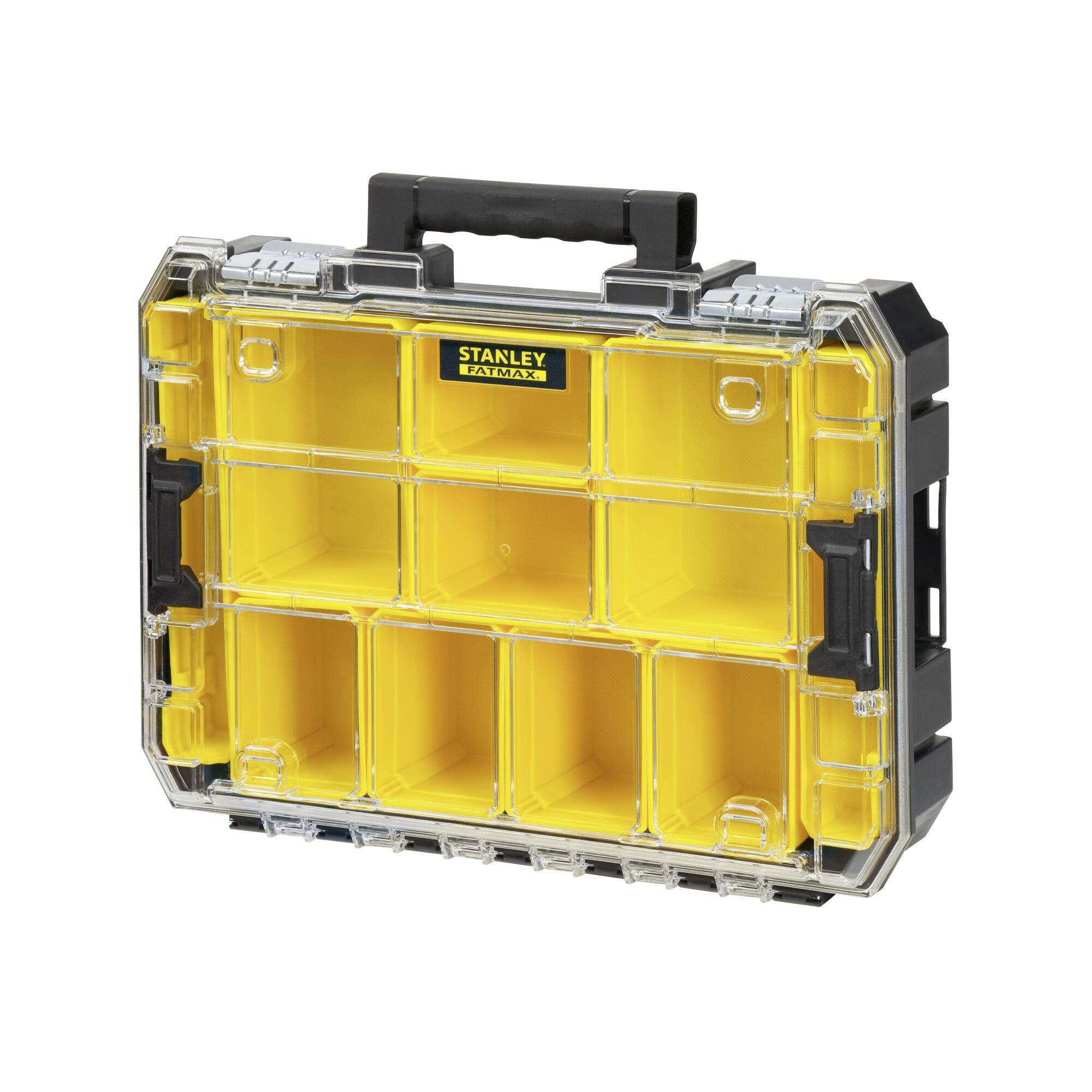 Mallette à outils noire avec compartiments jaunes et couvercle transparent. Poignée en haut, adaptée pour un rangement compact des outils.