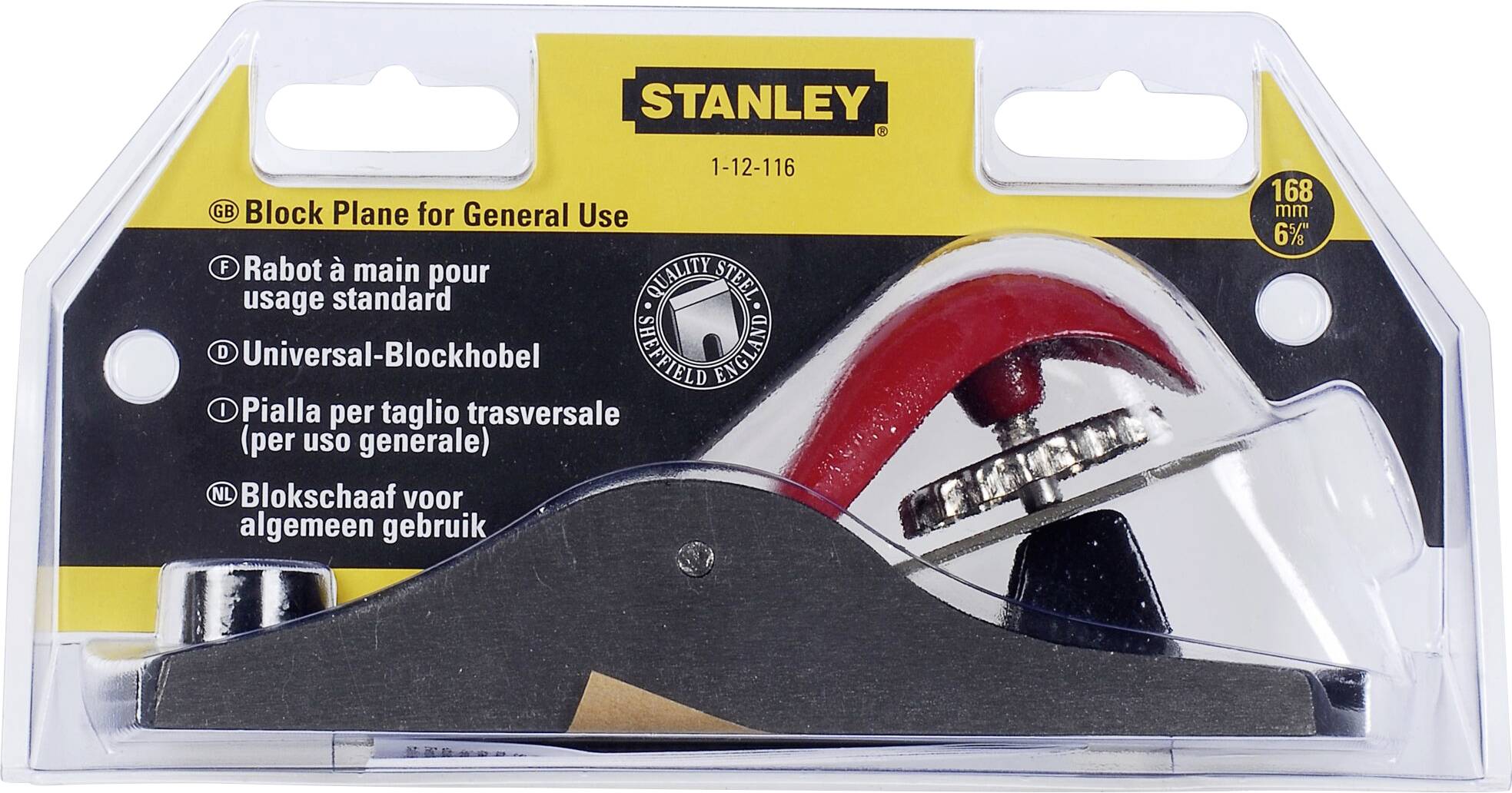 Rabot à main Stanley pour usage général, emballé dans une pochette en plastique. Contient des instructions d'utilisation en plusieurs langues.