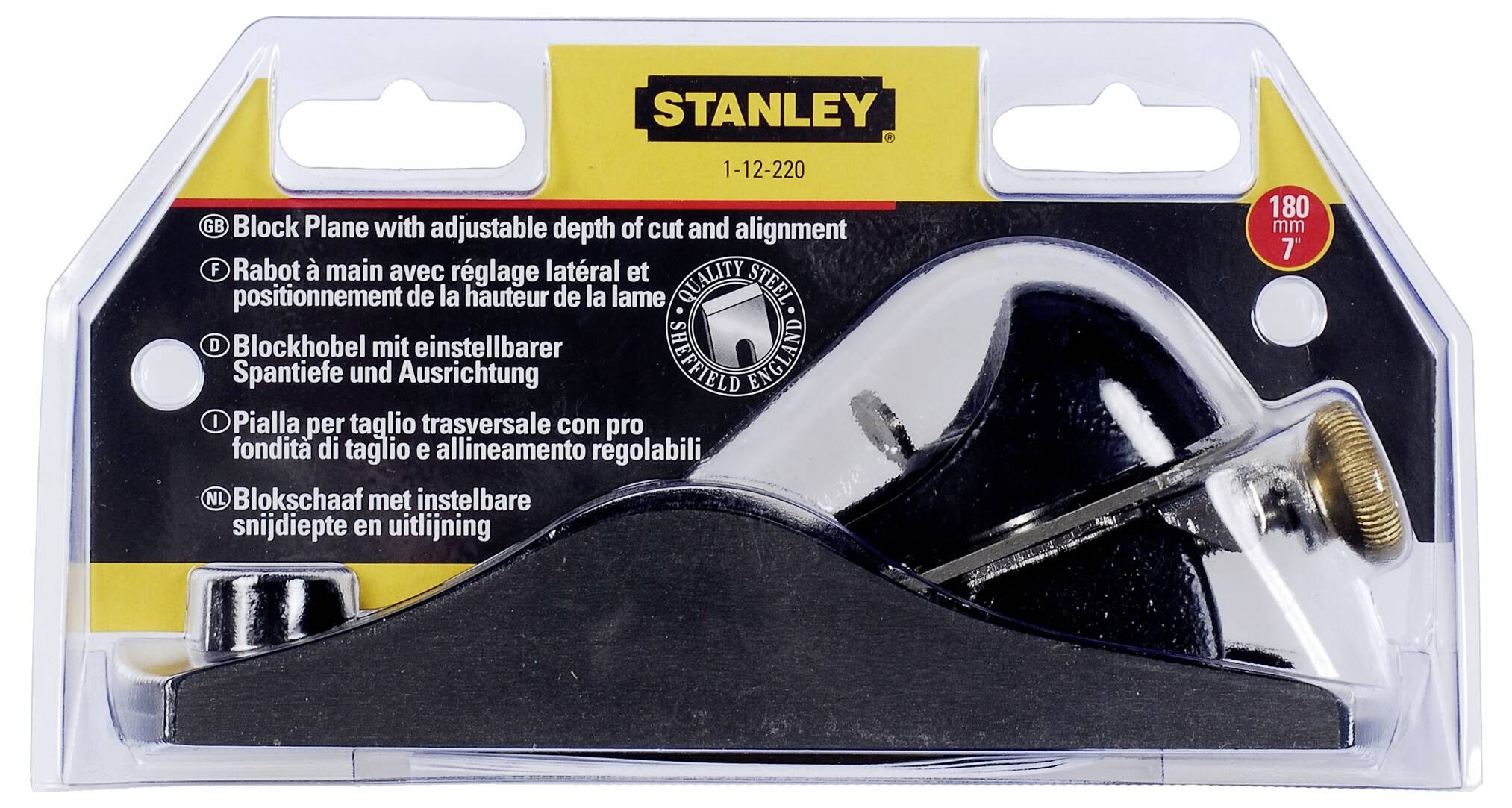 Rabot Stanley Blockhobel à profondeur et orientation de lame réglables, en emballage