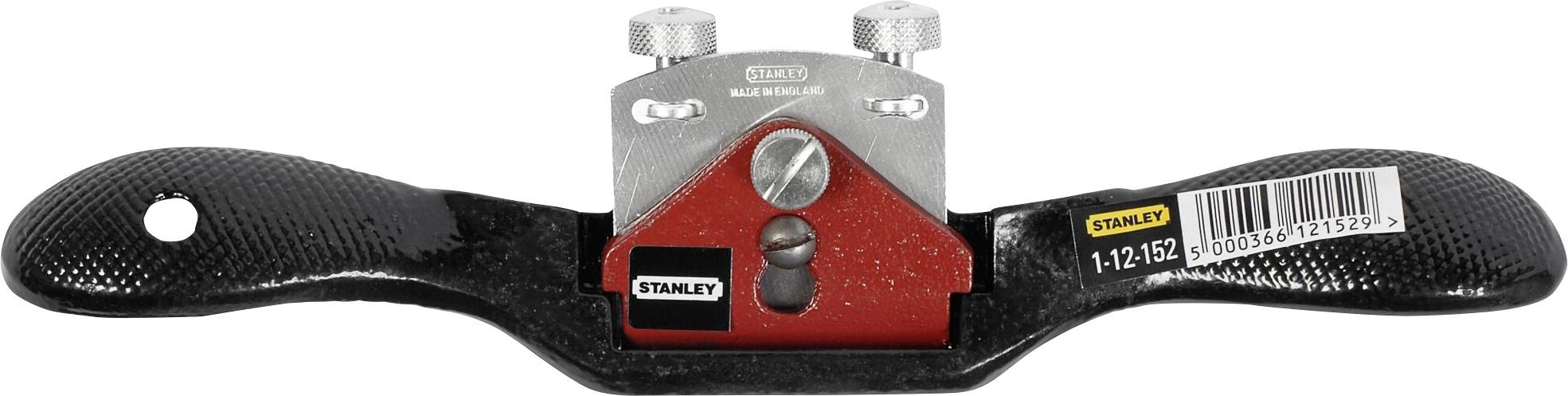 Un rabot à main Stanley avec un boîtier rouge et noir, des boutons de réglage et une étiquette de code-barres.