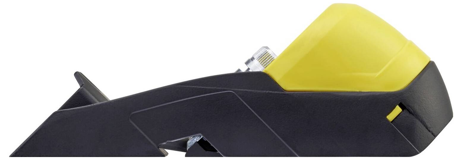 Un outil de travail jaune et noir avec une poignée ergonomique, servant à ébavurer les bords lors de la transformation du bois ou du plastique.