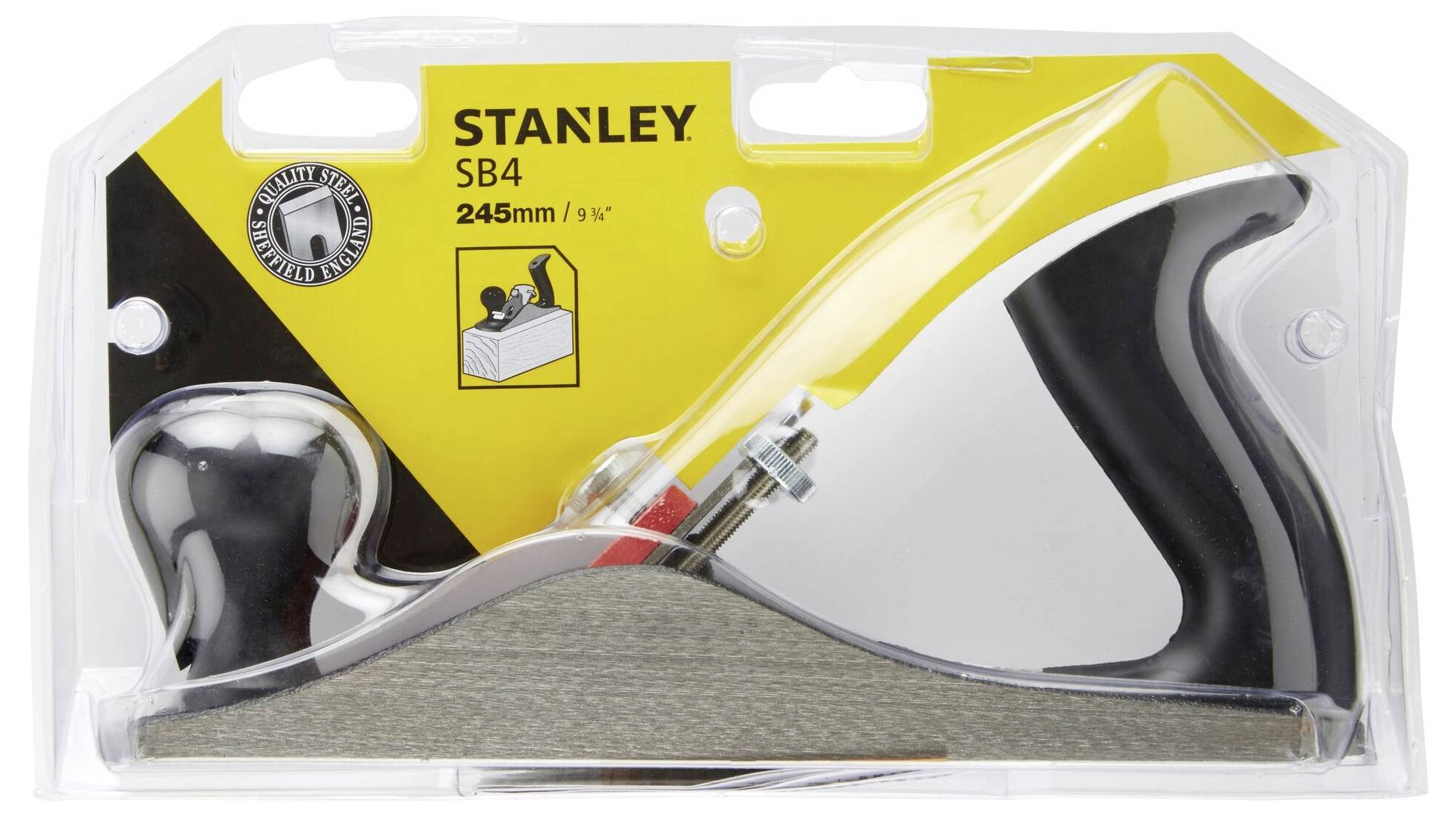 Rabot à main de la marque Stanley, modèle SB4, longueur 245 mm, emballé dans un plastique transparent. Idéal pour les travaux sur bois.