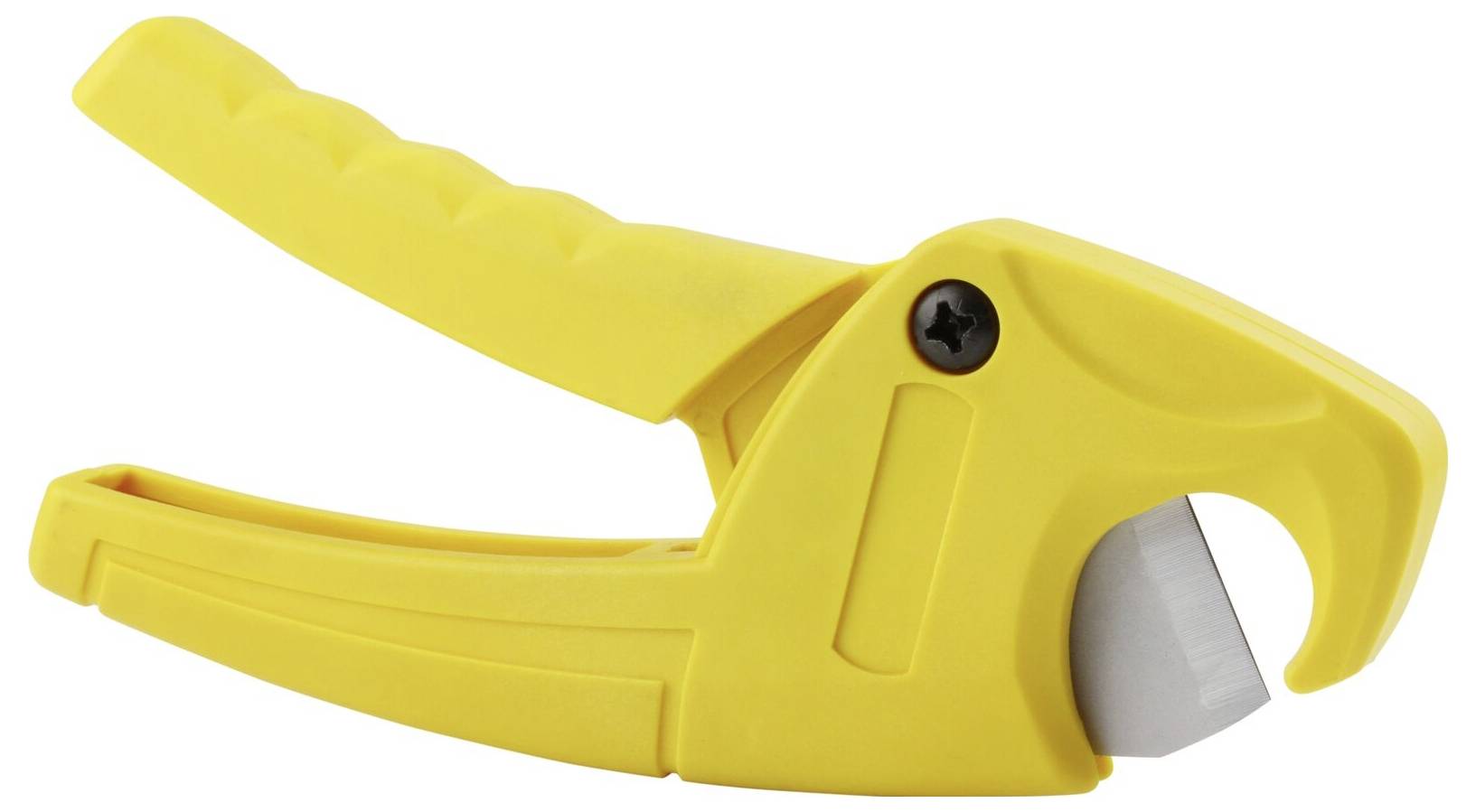 Coupe-tube PVC jaune à poignée ergonomique et lame tranchante, adapté pour couper précisément les tuyaux en plastique.