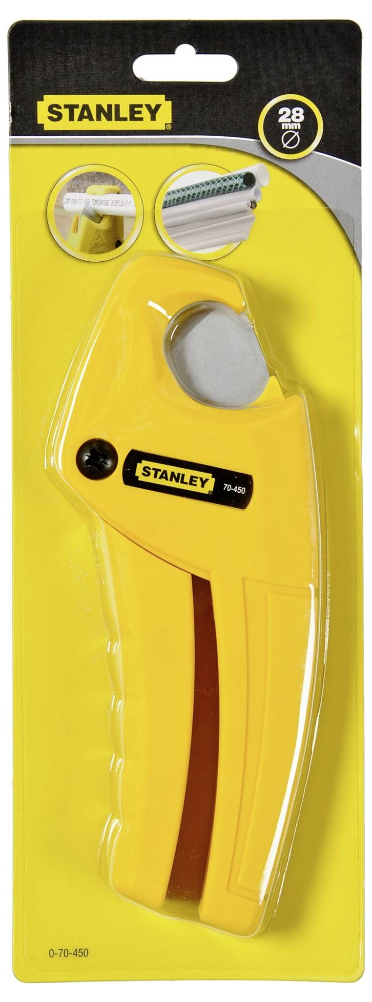Coupe-câbles manuel dans un emballage jaune Stanley. L'emballage présente des images d'utilisation et le numéro d'article 0-70-455, adapté pour des câbles jusqu'à 28 mm.