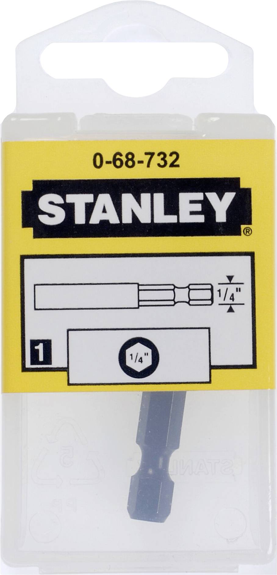 Emballage d'outils 'STANLEY', numéro de modèle 0-68-732, présentant une interface de mèche de 1/4 de pouce sur un fond jaune.
