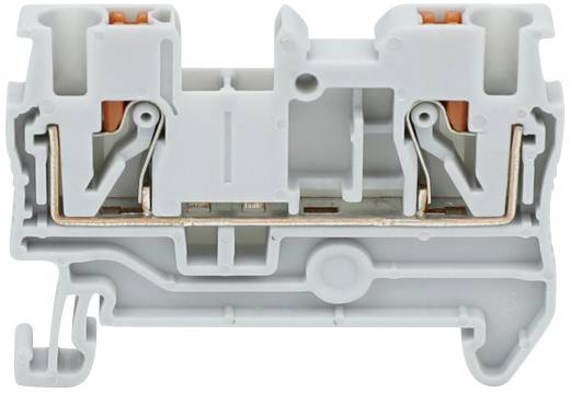 Un bornier électrique rectangulaire gris avec des composants orange et cuivrés, utilisé pour connecter des fils.