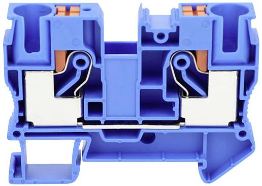 Bloc de jonction électrique bleu avec conducteurs métalliques et boutons-poussoirs oranges, utilisé pour la connexion sécurisée des câbles.