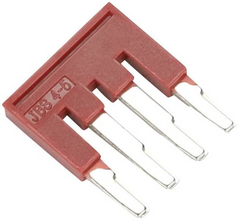 Un connecteur jumper rouge avec l'étiquette 'JBS 4-6', composé de quatre broches métalliques et d'un boîtier en plastique, représenté en perspective.