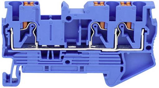 Borne électrique de couleur bleue, en plastique, avec plusieurs points de connexion, représentée en coupe transversale.