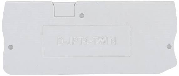 Une pièce en plastique grise portant l'inscription 'D-JPT4-TWIN' estampée dessus, de forme rectangulaire avec des coins légèrement arrondis.