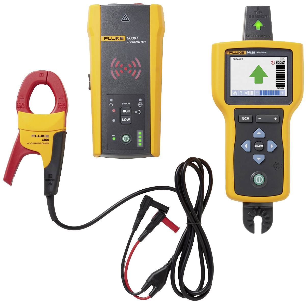 Trois outils de mesure électroniques, comprenant un testeur de tension et un multimètre à pince, disposés sur un fond blanc.