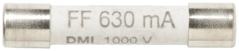 Fusible cylindrique portant l'inscription 'FF 630 mA DMI 1000 V', adapté pour des courants jusqu'à 630 milliampères et des tensions jusqu'à 1000 volts.