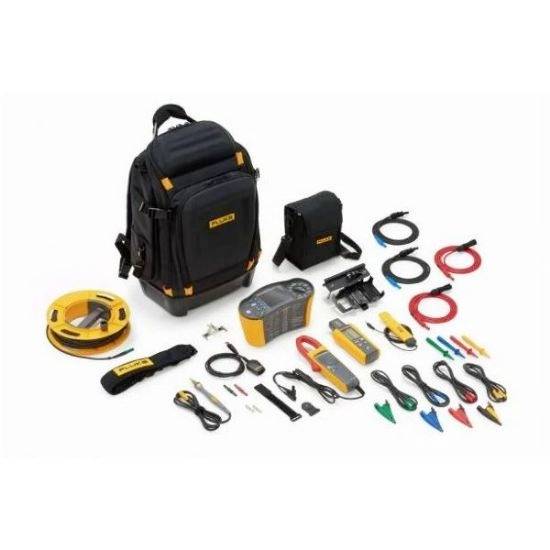 Kit d'outils avec sac à dos, multimètre, câbles et adaptateurs. Le tout en noir et jaune, idéal pour les électriciens.