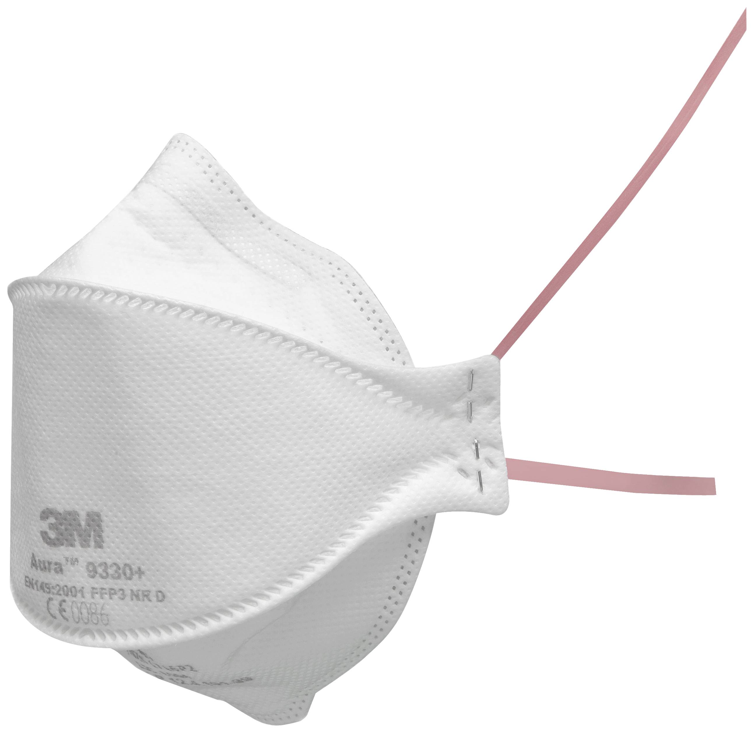 Masque respiratoire blanc équipé de deux bandes élastiques. Le design est ergonomique et offre une protection contre les particules.