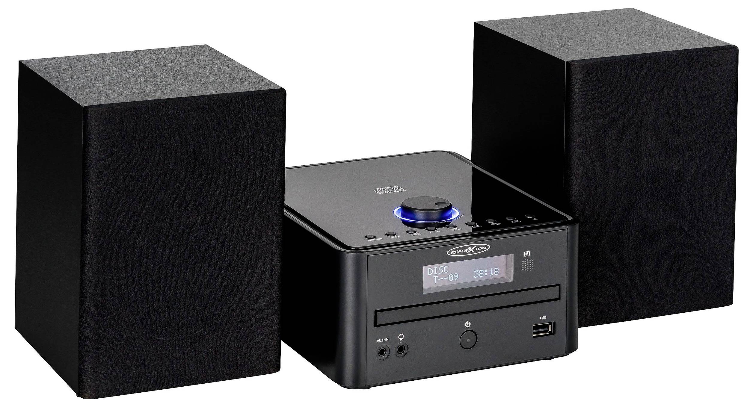 Système stéréo compact noir avec deux haut-parleurs de grande taille et une unité média centrale dotée d'un écran, de boutons, d'une fente pour disque et d'un port USB.