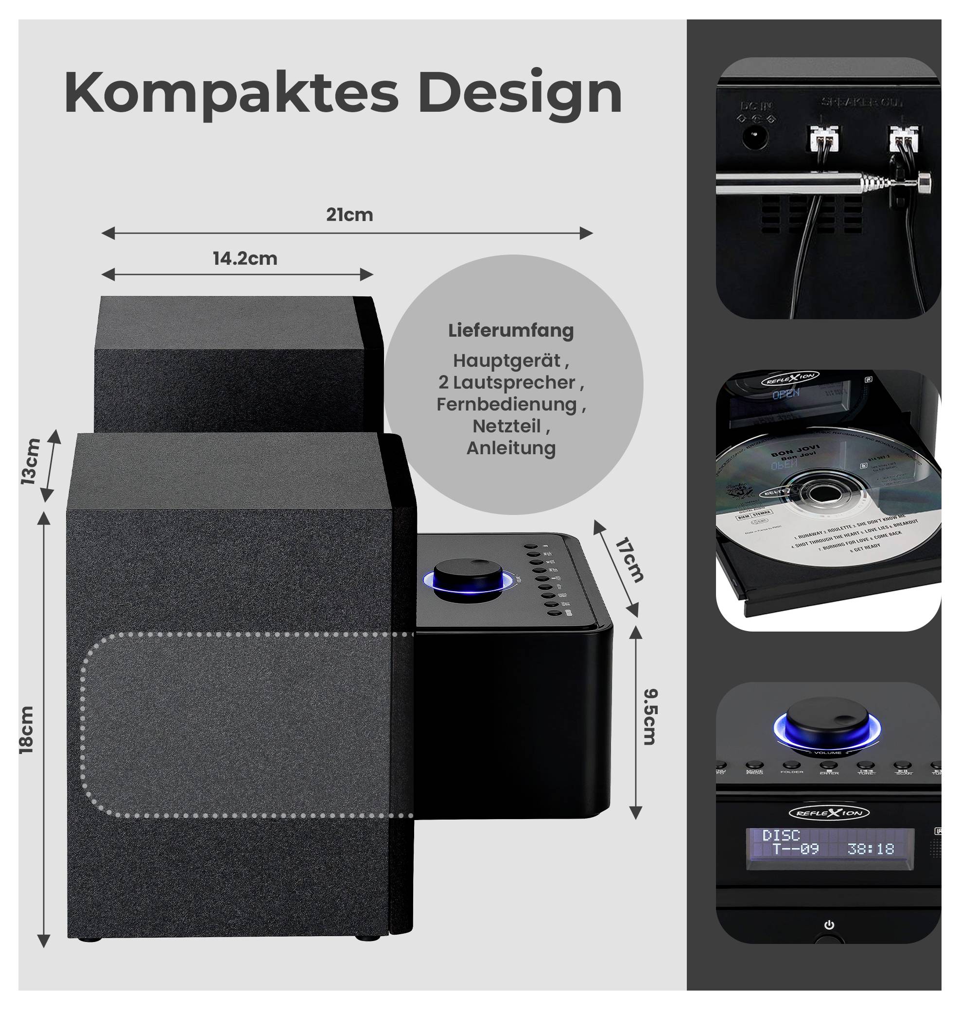 Représentation du produit « Design compact » avec indications de dimensions de l'appareil : 21 cm de largeur, 18 cm de hauteur, contenu de la livraison : appareil principal, 2 haut-parleurs, télécommande, adaptateur secteur, mode d'emploi.